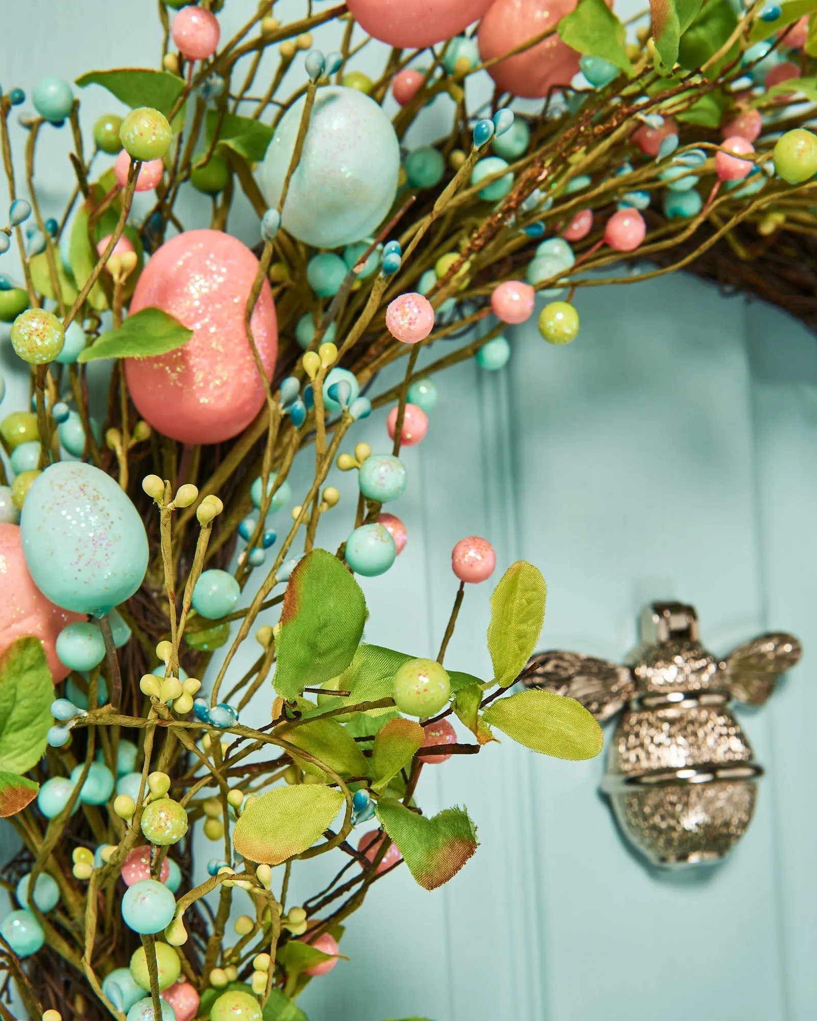 Artificial Floral Egg Wreath, Blue & Pink, 28 Inch