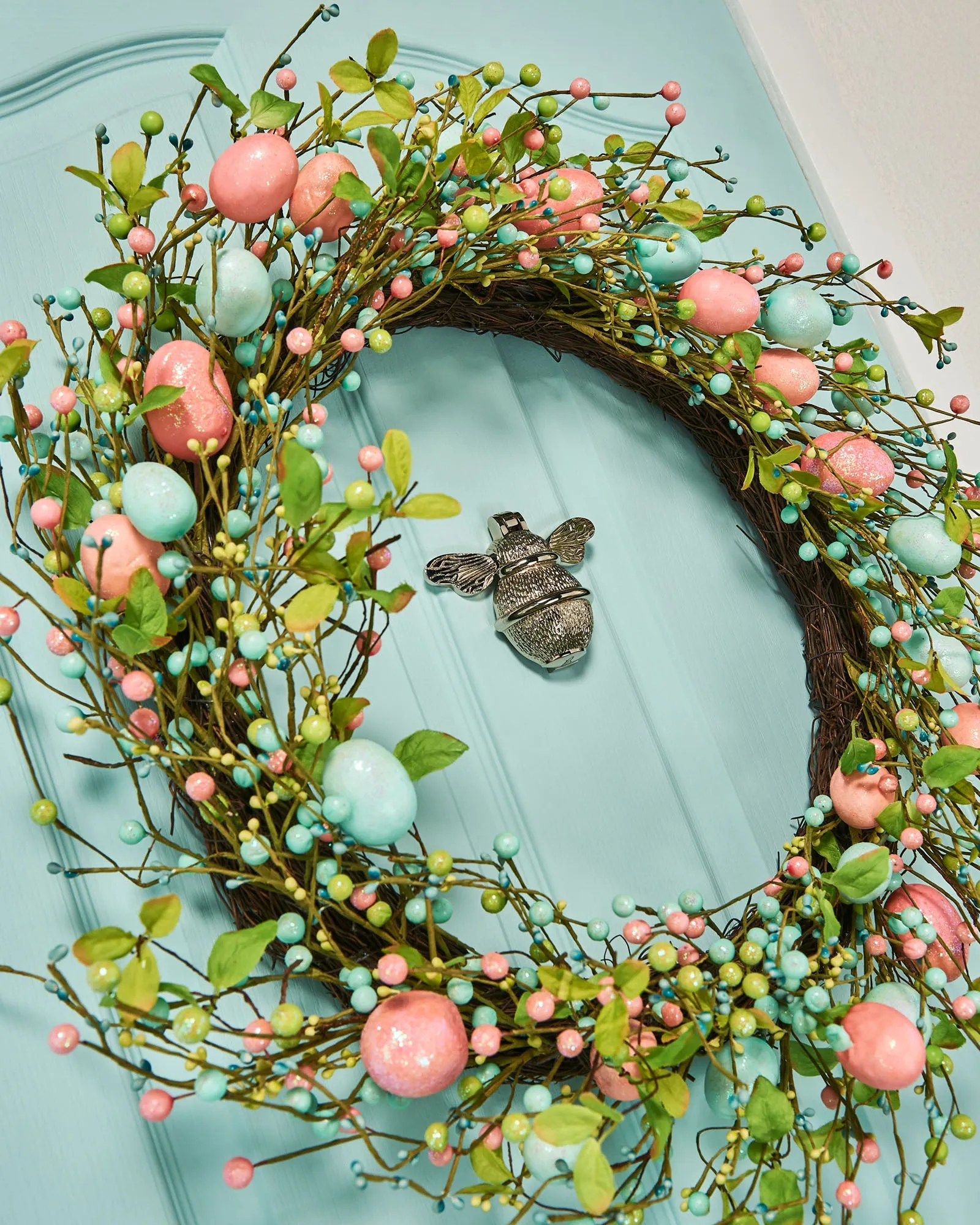 Artificial Floral Egg Wreath, Blue & Pink, 28 Inch