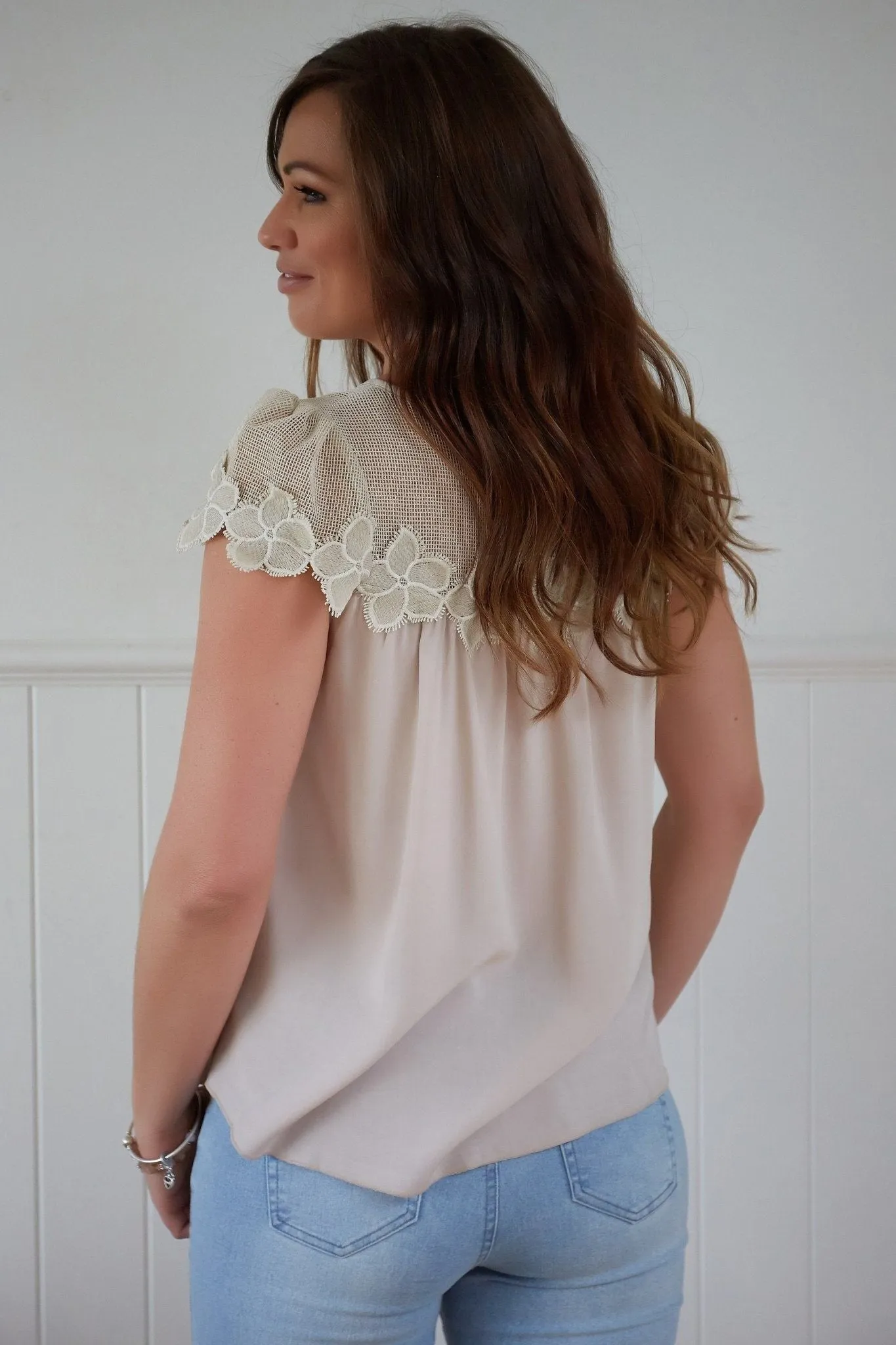 Ava Ruby Embroidered Top in Beige