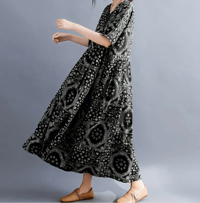 Babakud Plus Size - Summer Floral Printed Linen Dress