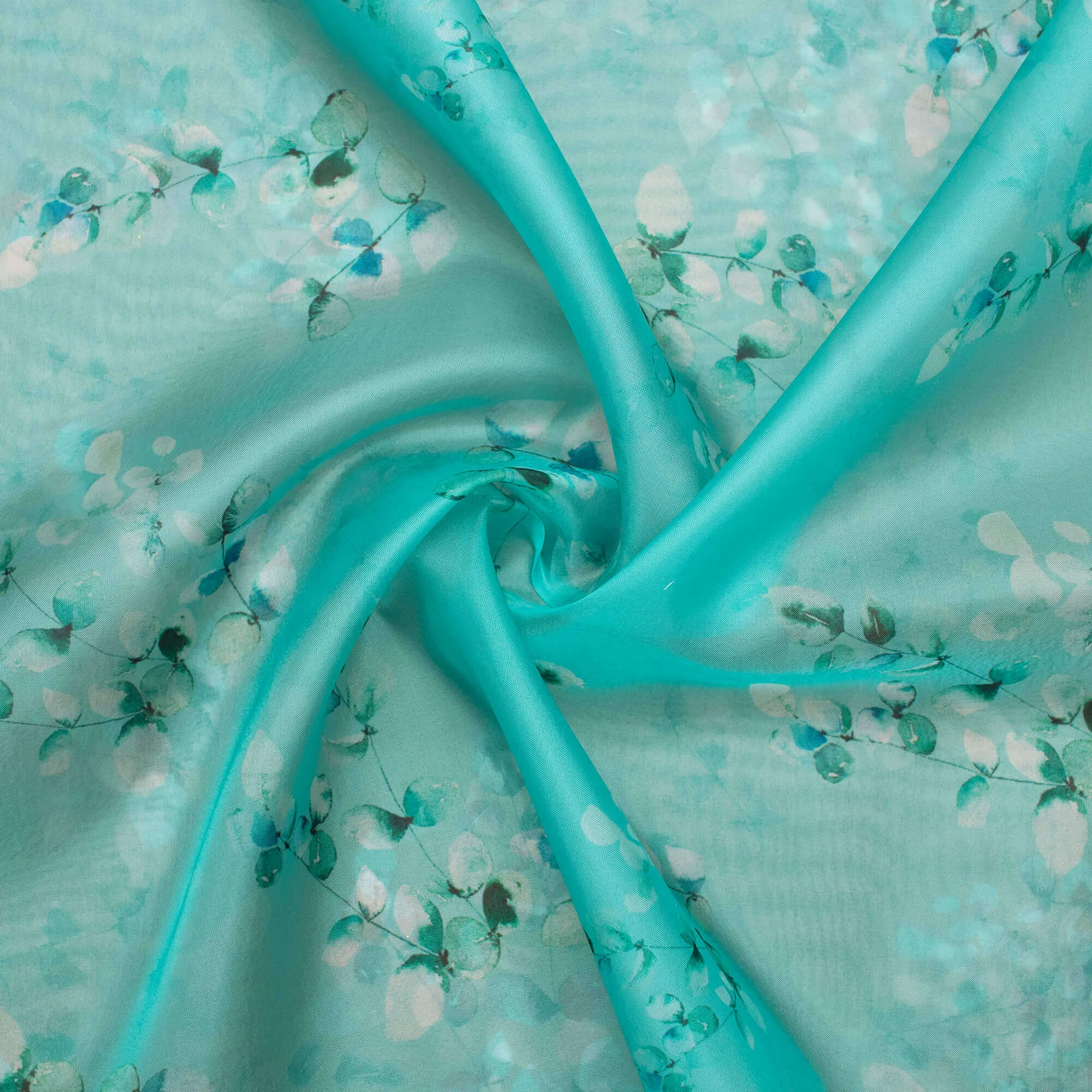 Baby Blue And Grey Floral Pattern Digital Print Organza Satin Fabric