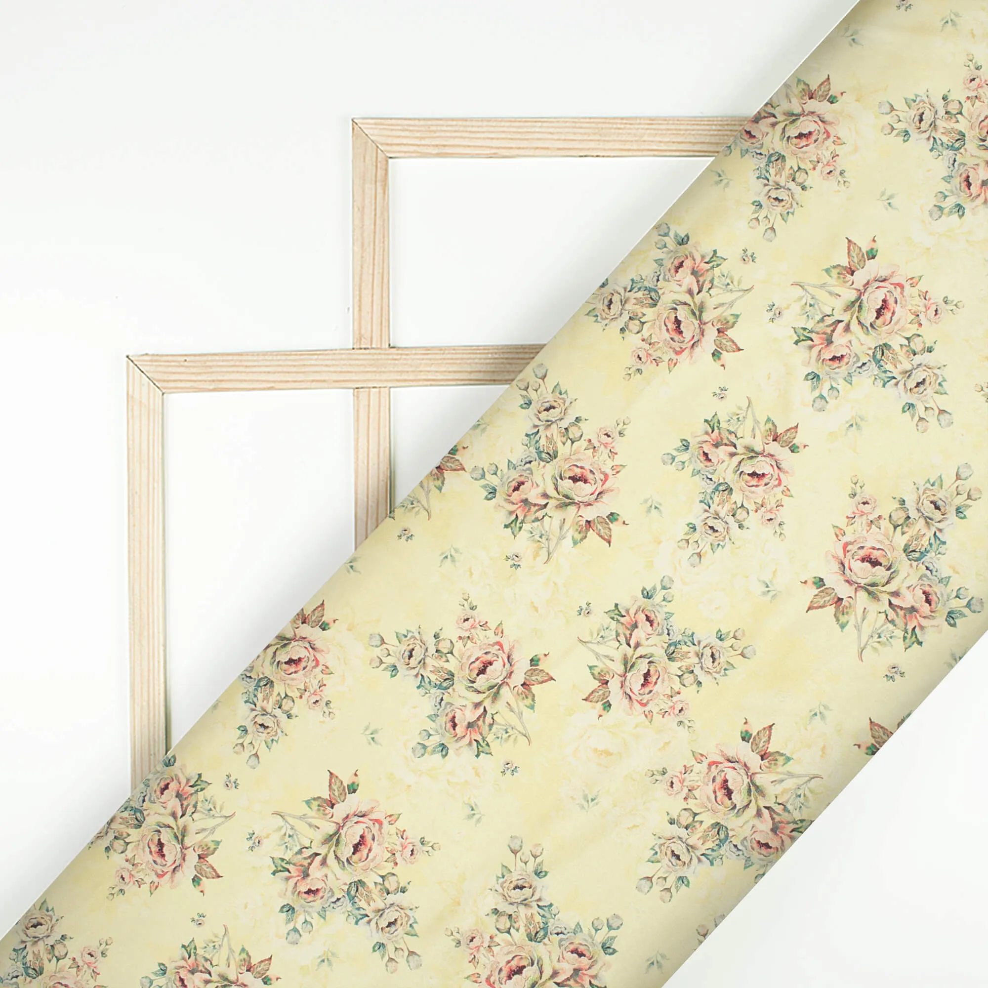 Banana Yellow And Peach Floral Pattern Digital Print Japan Satin Fabric