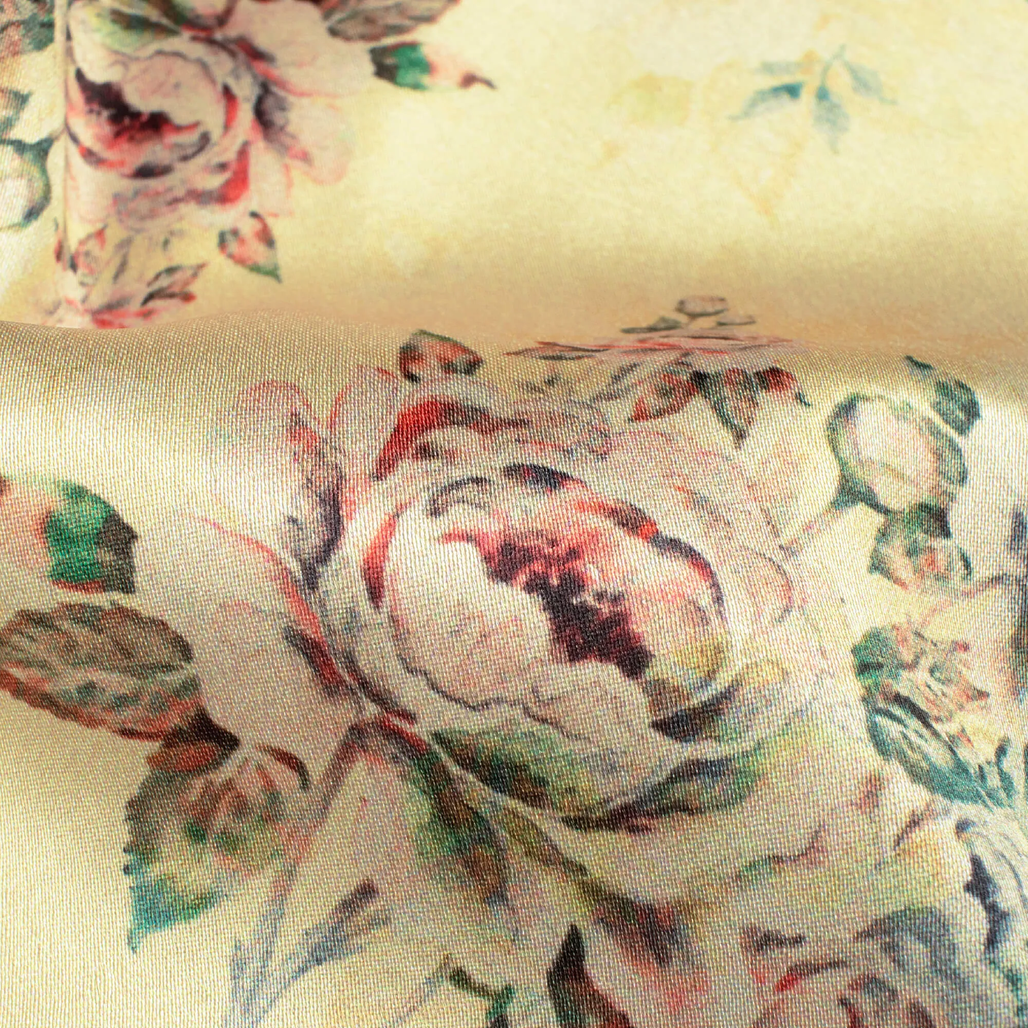 Banana Yellow And Peach Floral Pattern Digital Print Japan Satin Fabric