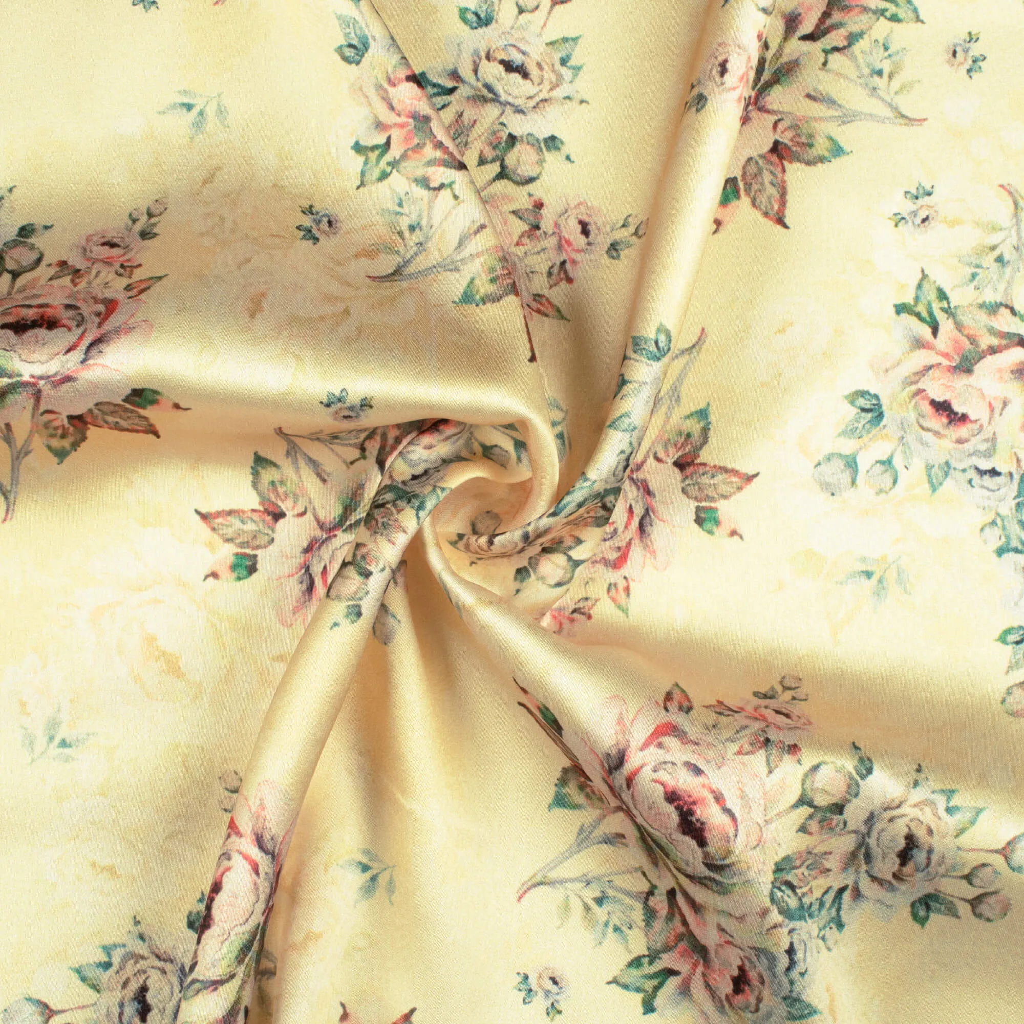 Banana Yellow And Peach Floral Pattern Digital Print Japan Satin Fabric