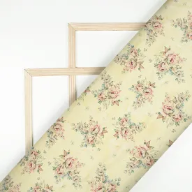 Banana Yellow And Peach Floral Pattern Digital Print Japan Satin Fabric