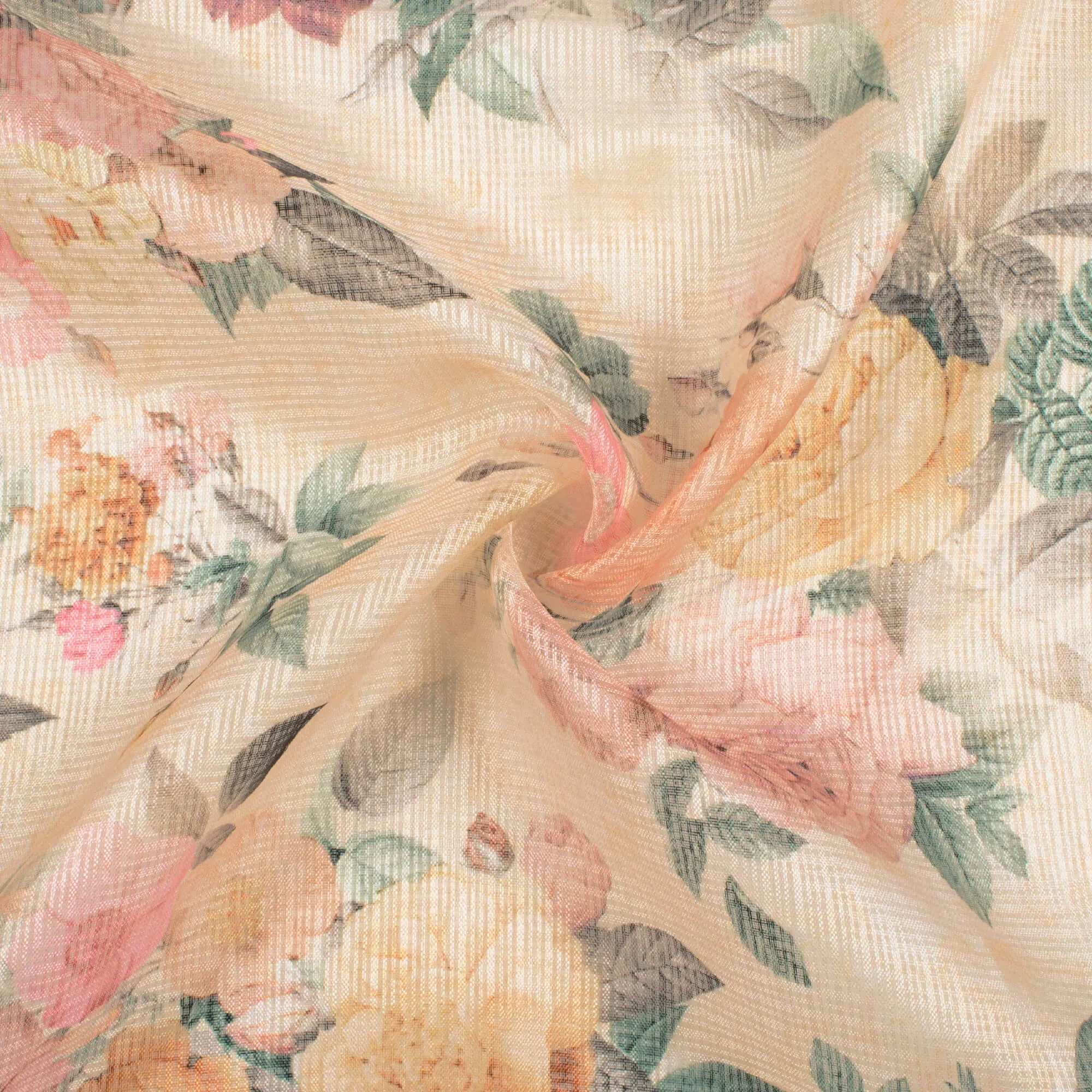 Beige And Dusty Brown Floral Pattern Digital Print Kota Doria Fabric