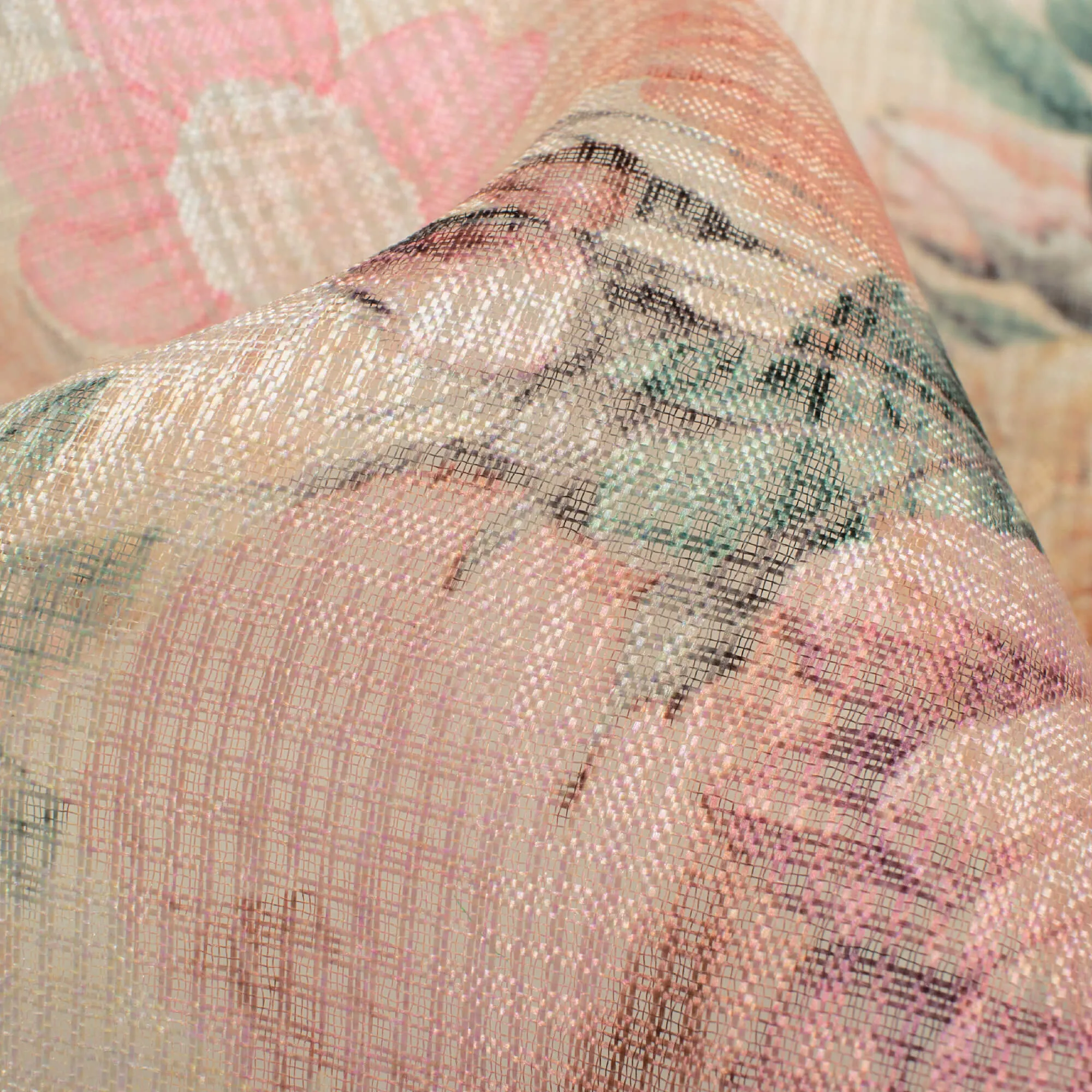 Beige And Dusty Brown Floral Pattern Digital Print Kota Doria Fabric