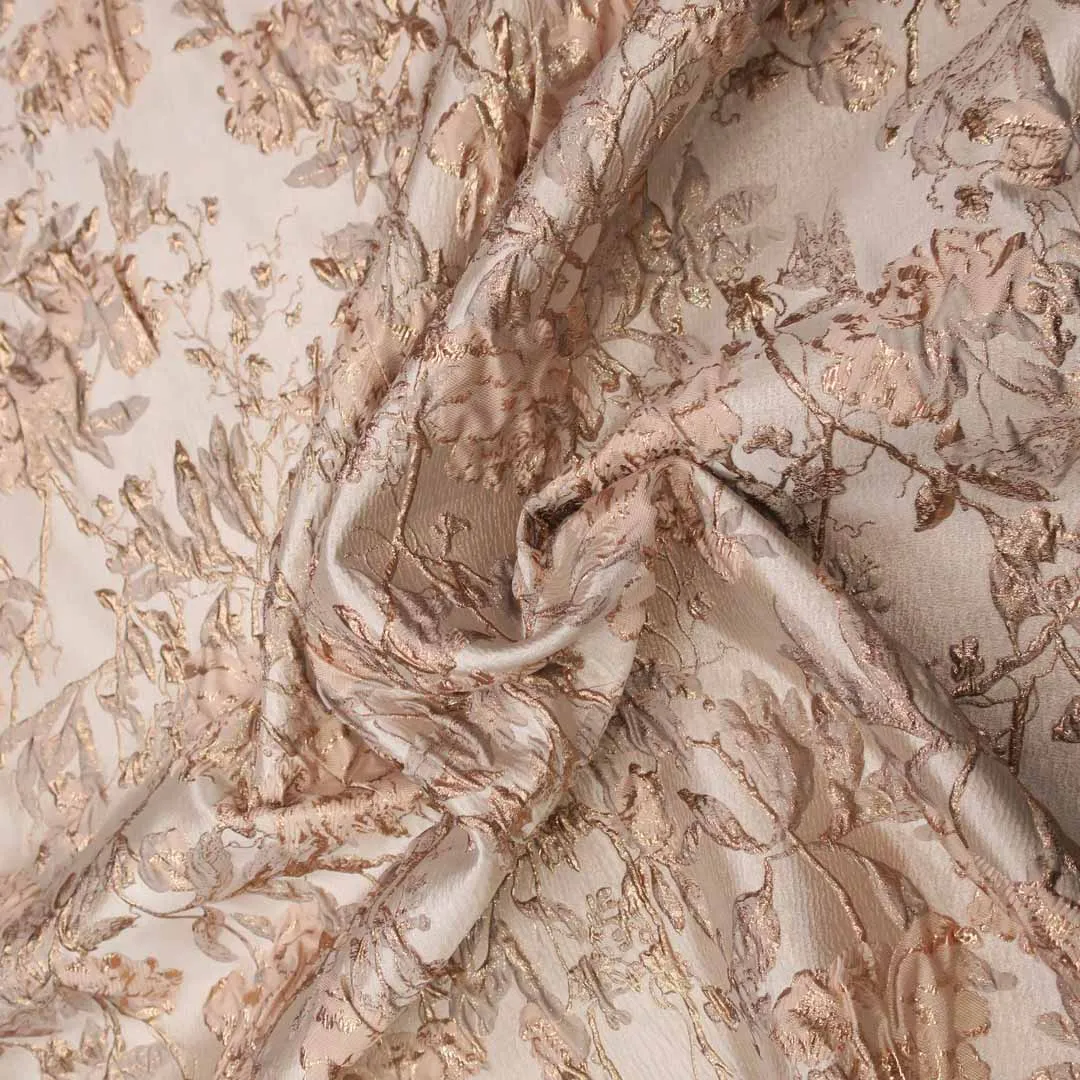 Beige and Gold Floral Textured Brocade Fabric