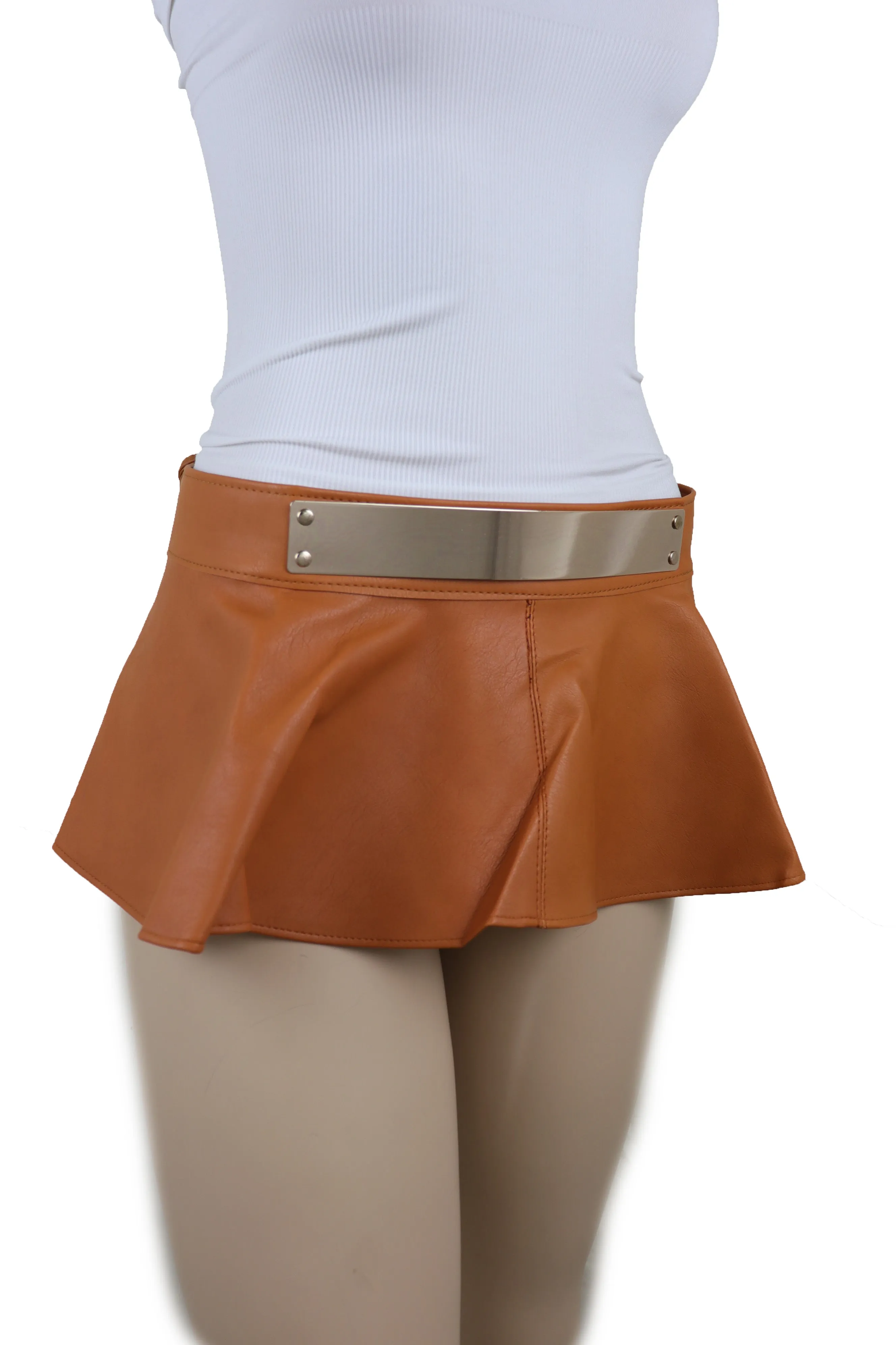 Beige Faux Leather Waistband Wrap Around Skirt Tie Belt Gold Metal Plate Size S M