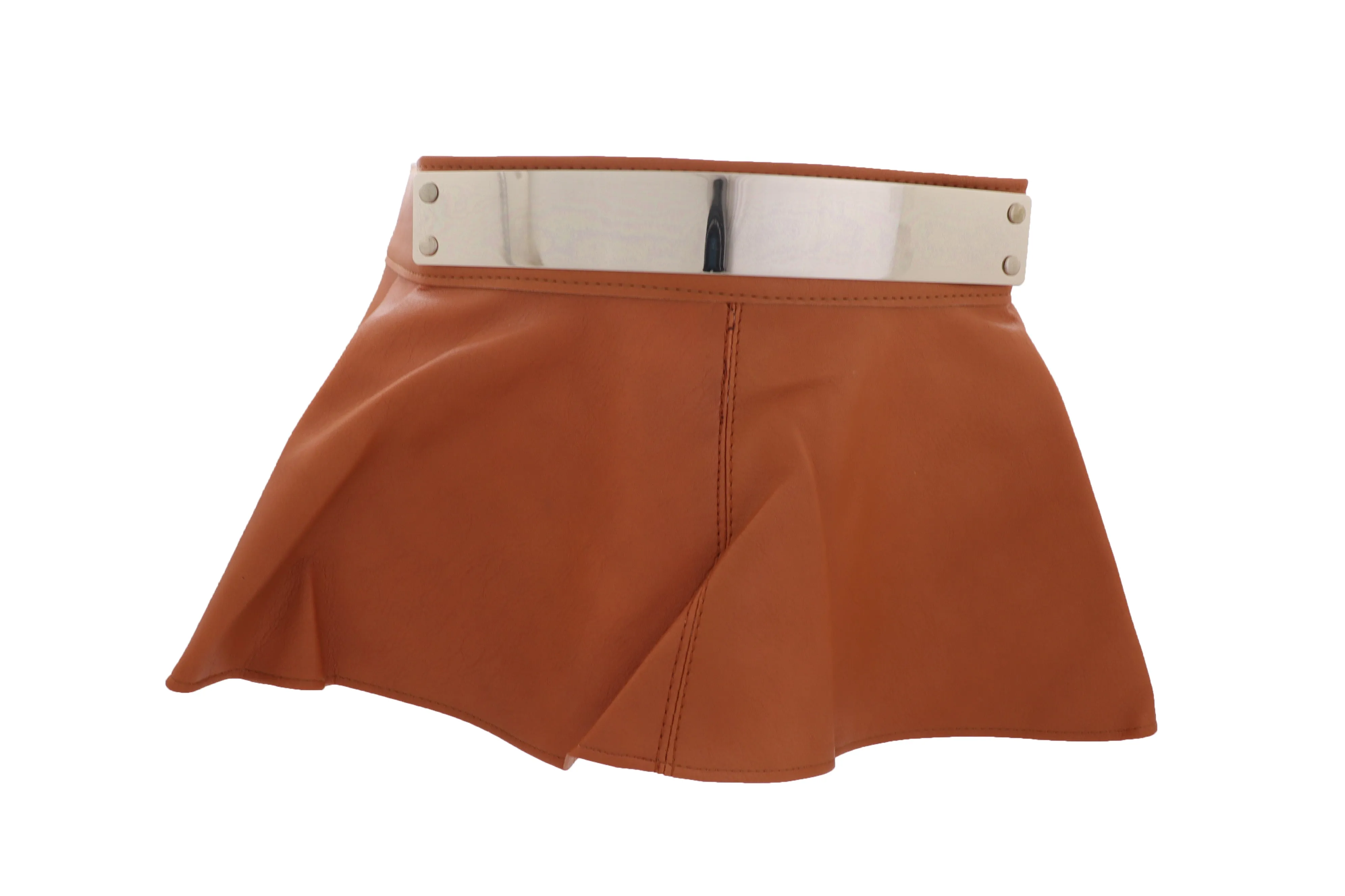 Beige Faux Leather Waistband Wrap Around Skirt Tie Belt Gold Metal Plate Size S M