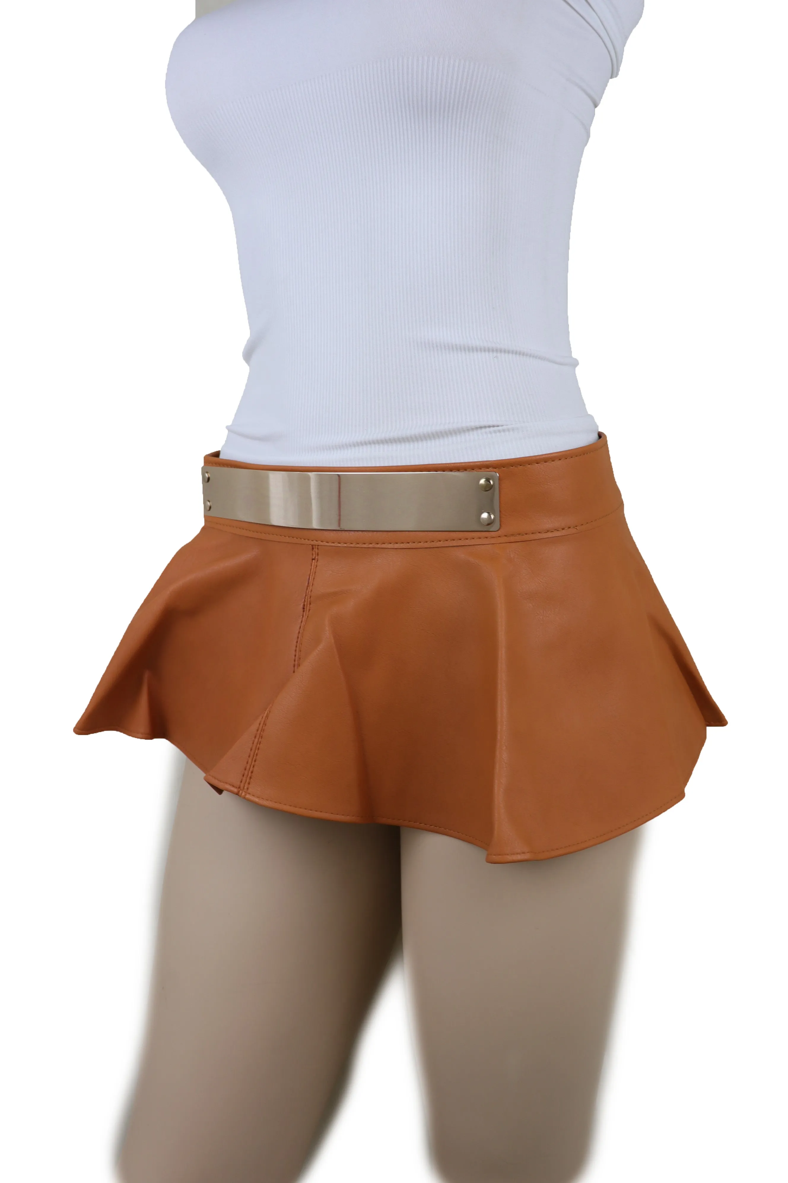 Beige Faux Leather Waistband Wrap Around Skirt Tie Belt Gold Metal Plate Size S M