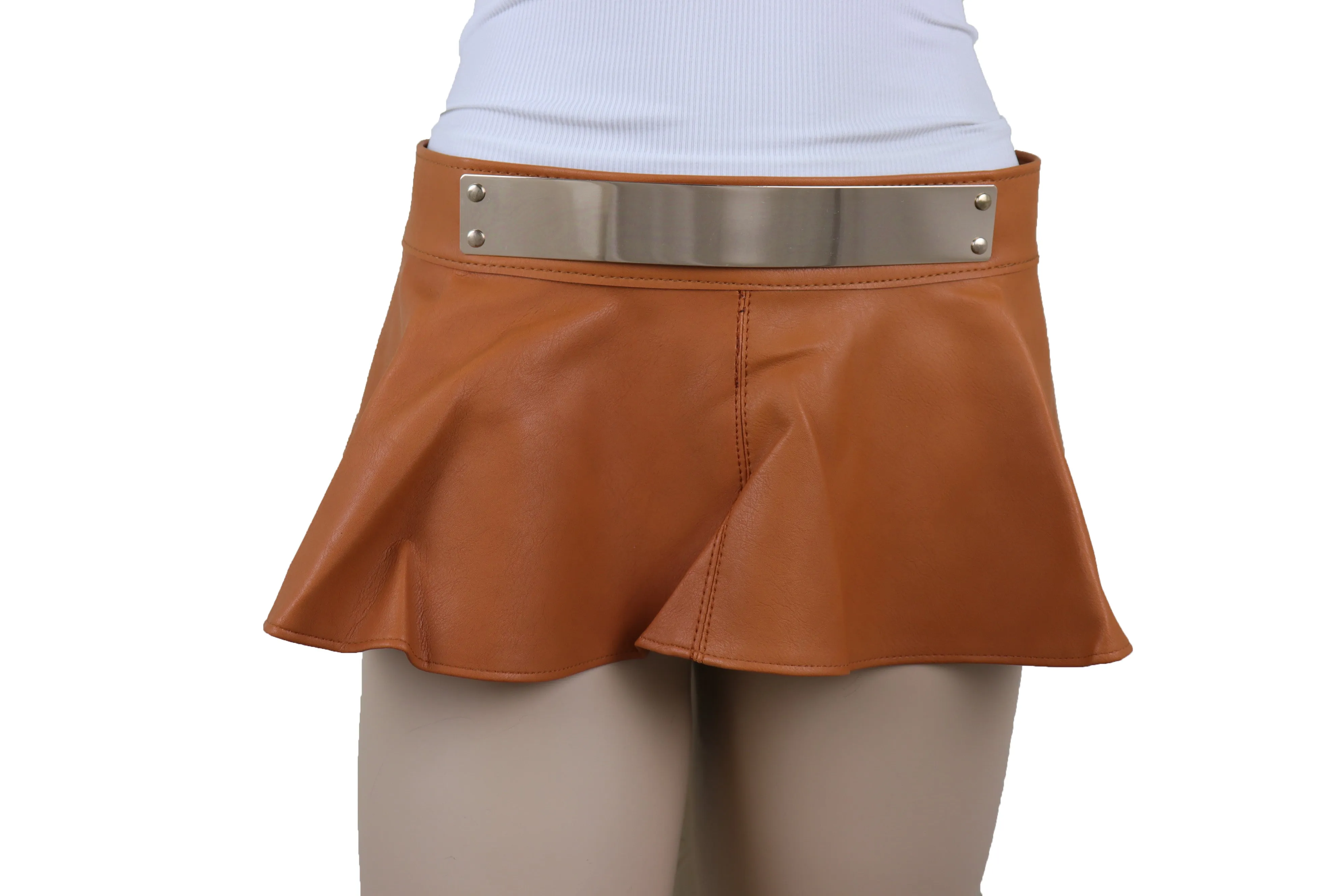 Beige Faux Leather Waistband Wrap Around Skirt Tie Belt Gold Metal Plate Size S M