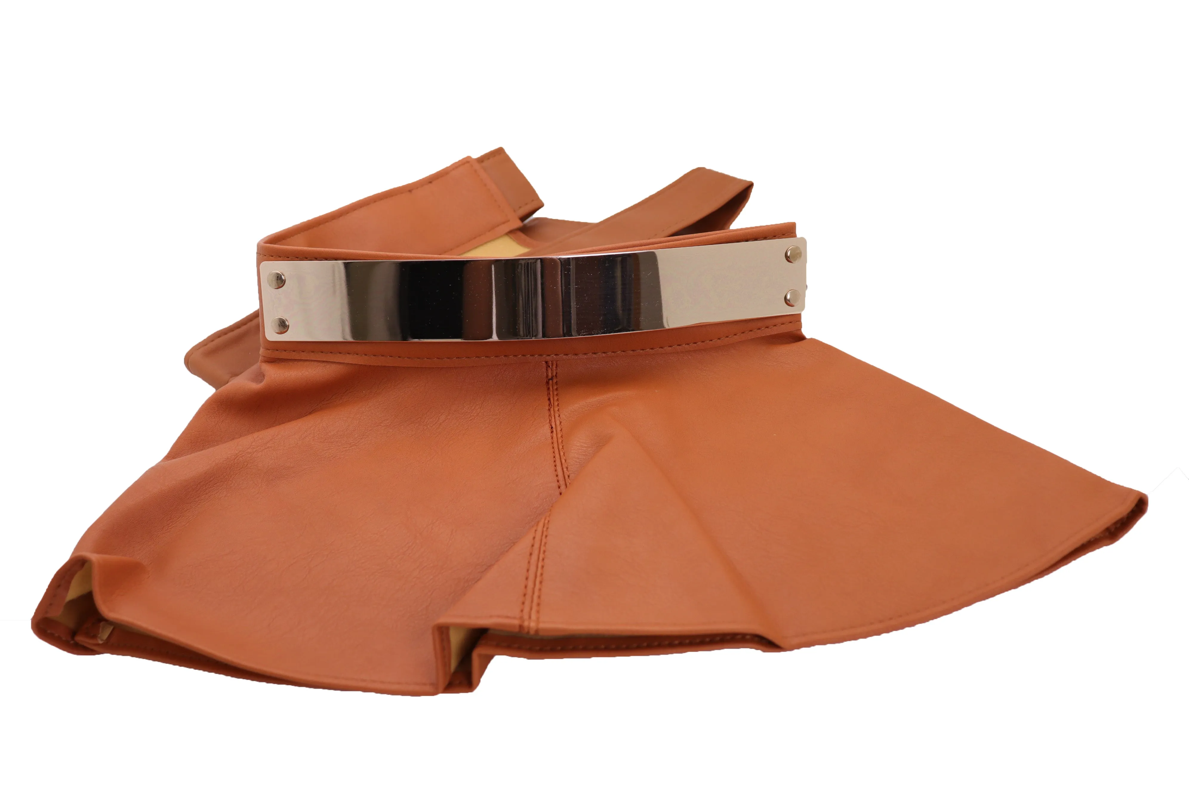 Beige Faux Leather Waistband Wrap Around Skirt Tie Belt Gold Metal Plate Size S M