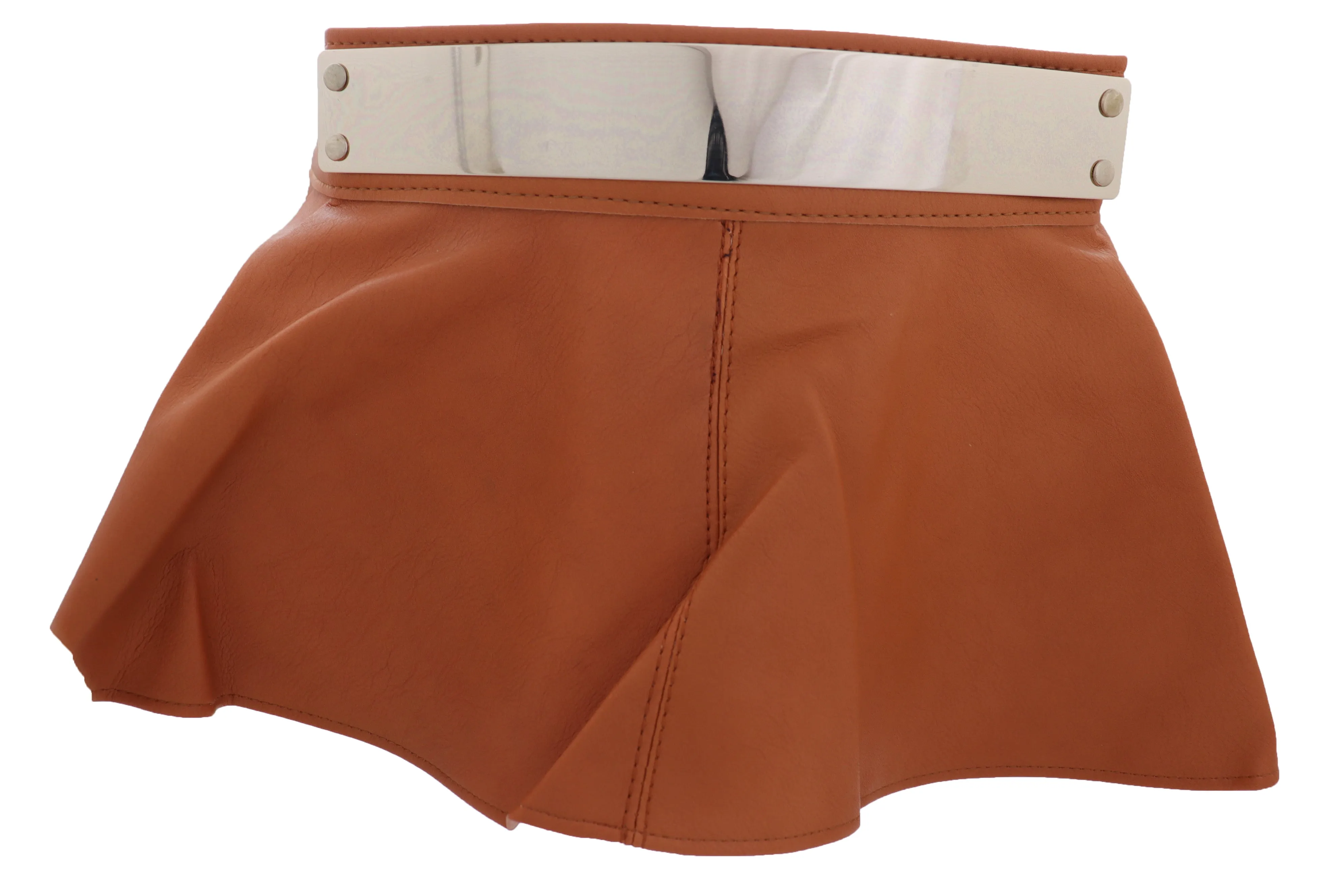 Beige Faux Leather Waistband Wrap Around Skirt Tie Belt Gold Metal Plate Size S M