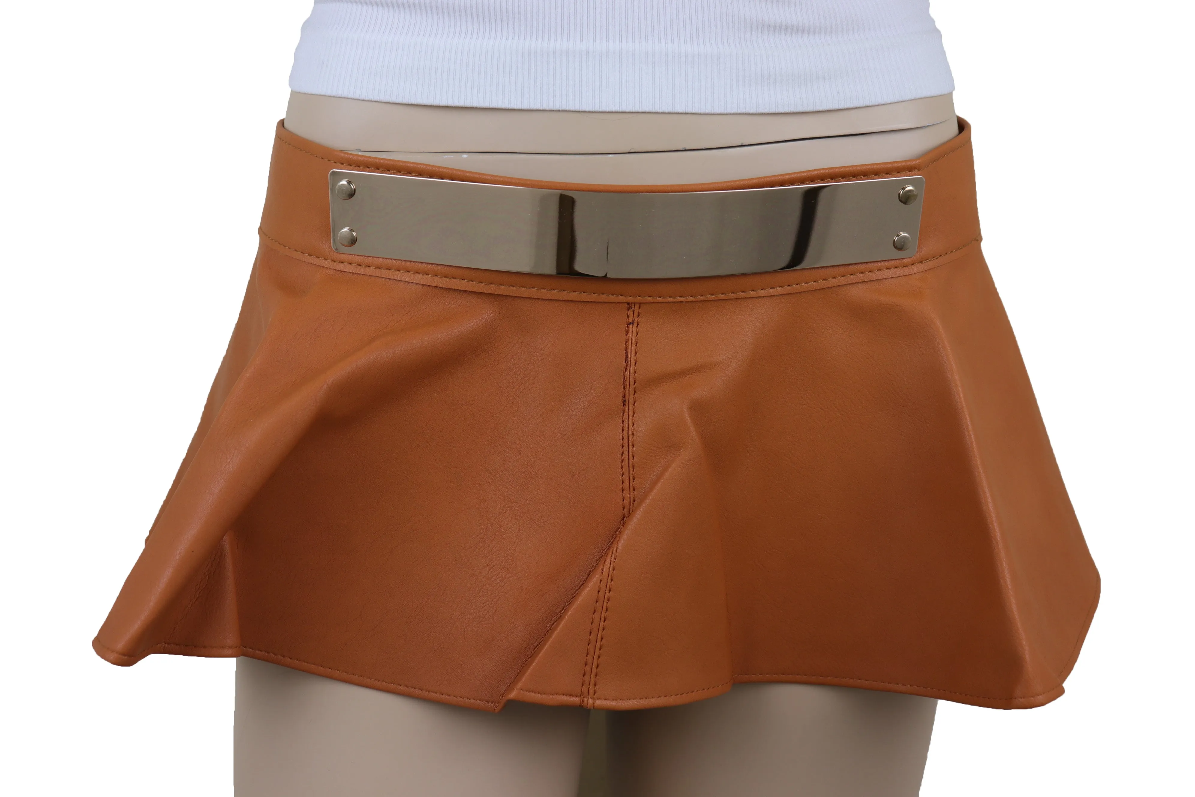 Beige Faux Leather Waistband Wrap Around Skirt Tie Belt Gold Metal Plate Size S M
