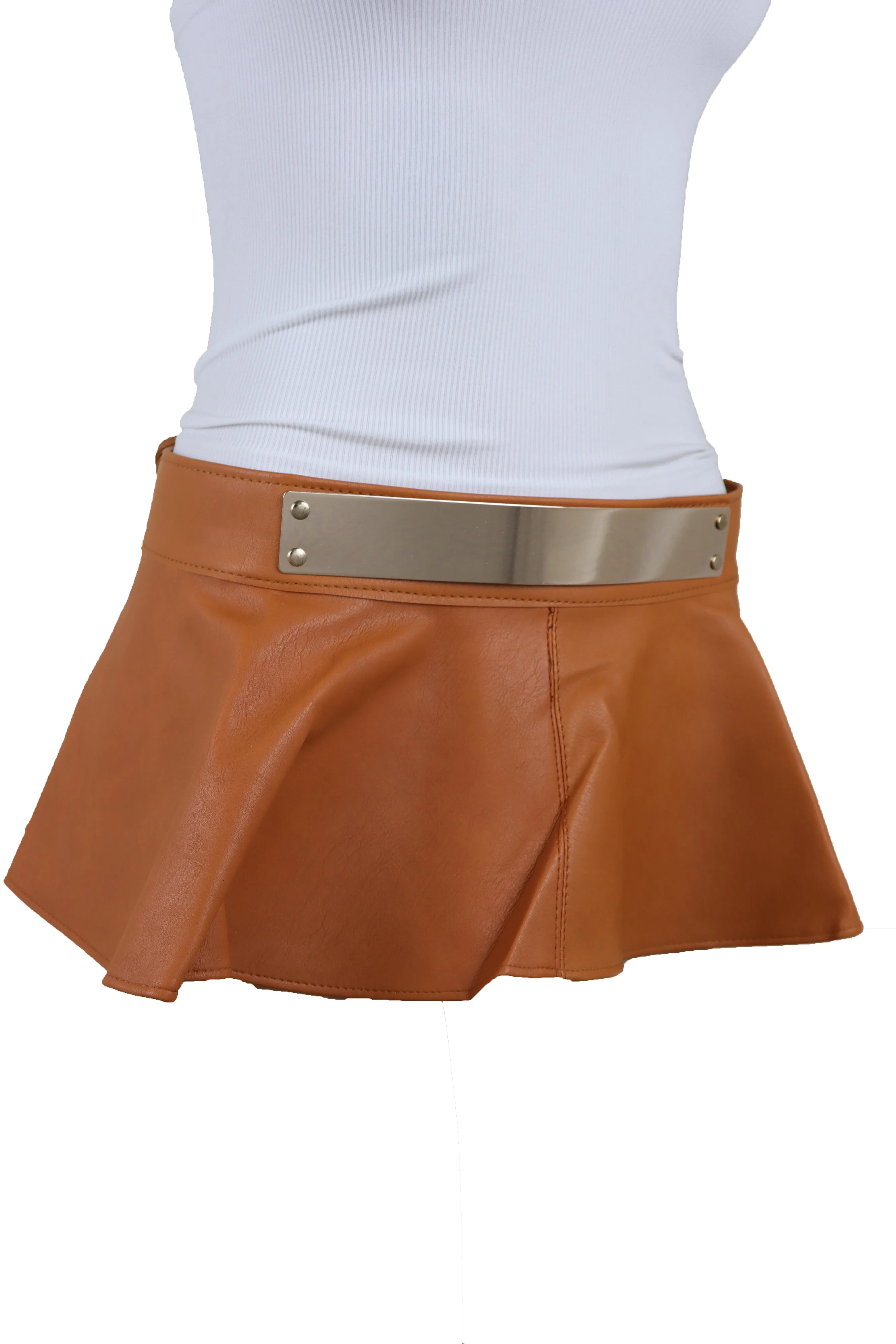Beige Faux Leather Waistband Wrap Around Skirt Tie Belt Gold Metal Plate Size S M