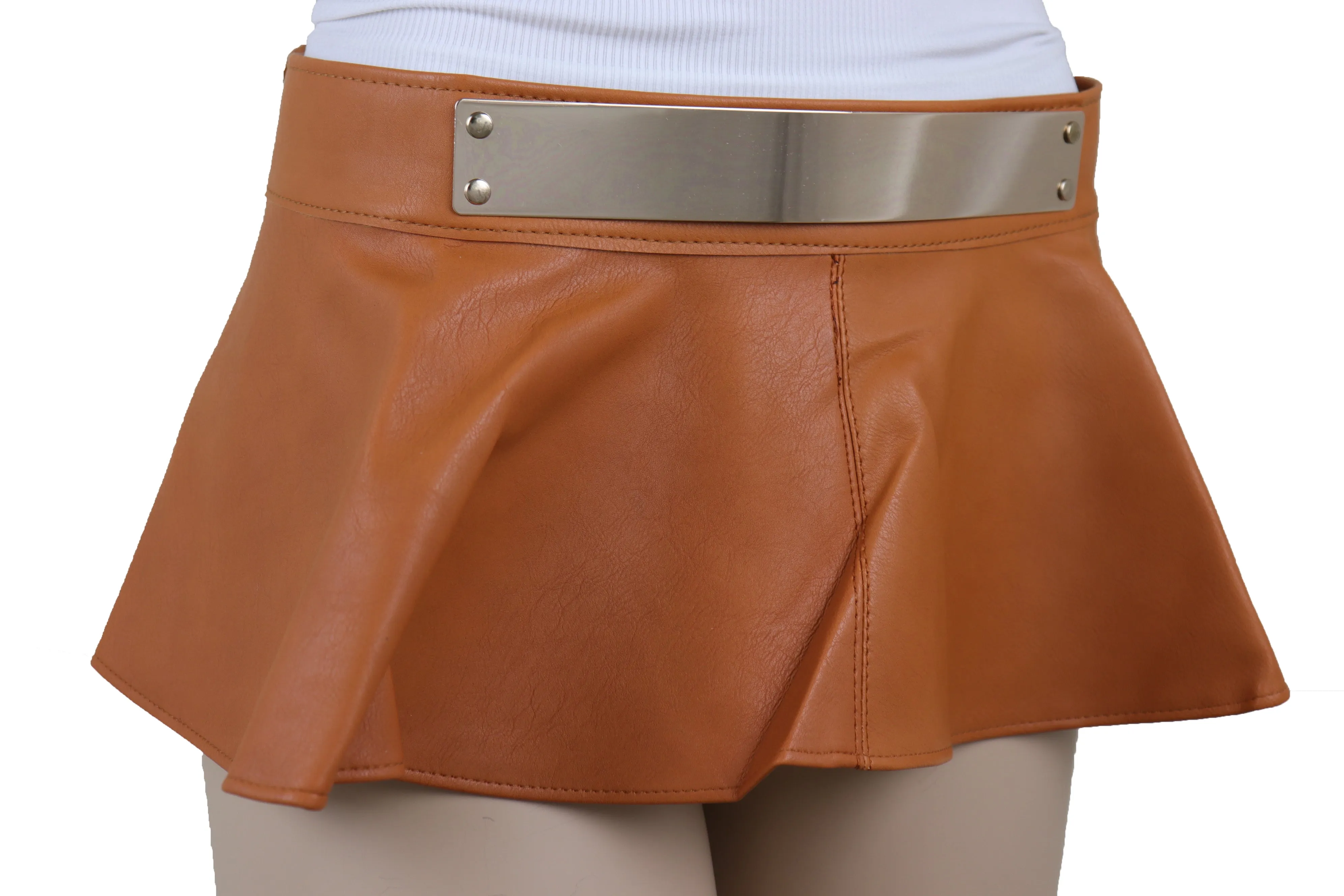 Beige Faux Leather Waistband Wrap Around Skirt Tie Belt Gold Metal Plate Size S M