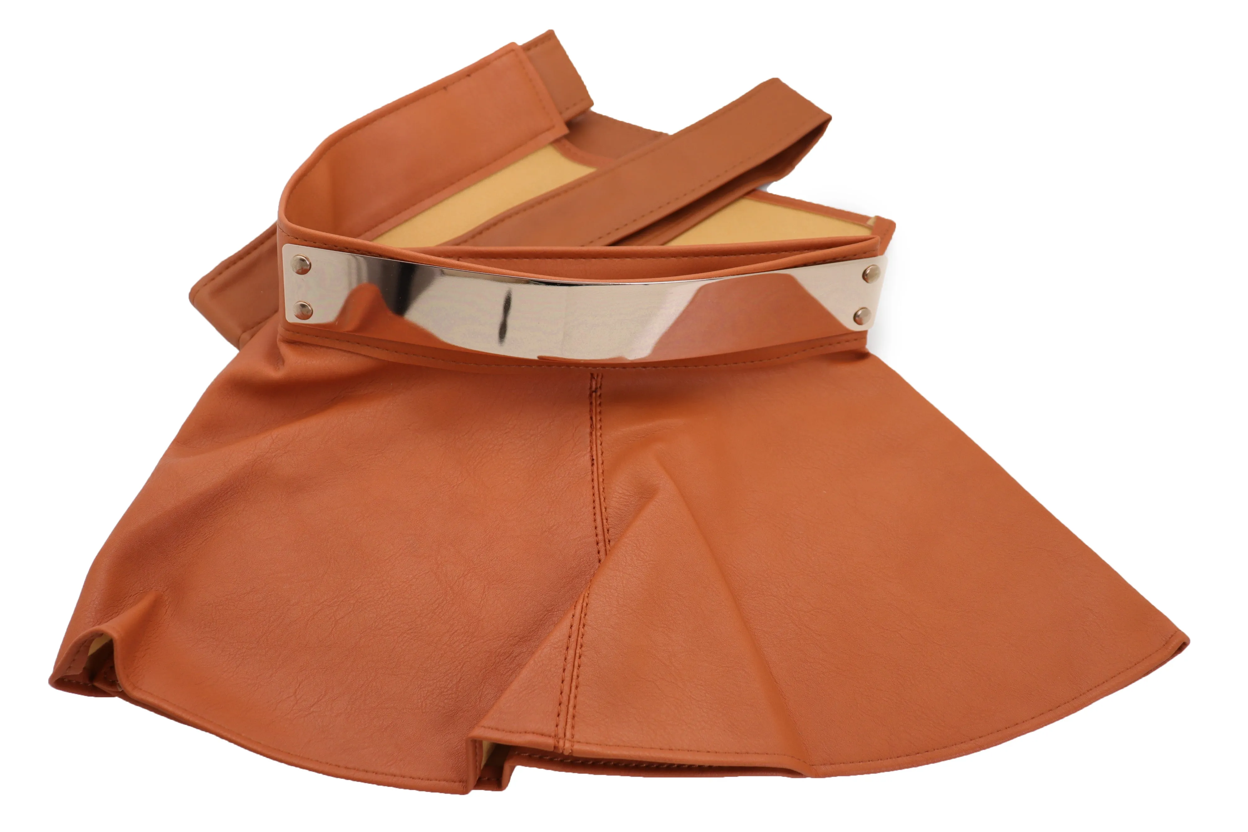 Beige Faux Leather Waistband Wrap Around Skirt Tie Belt Gold Metal Plate Size S M