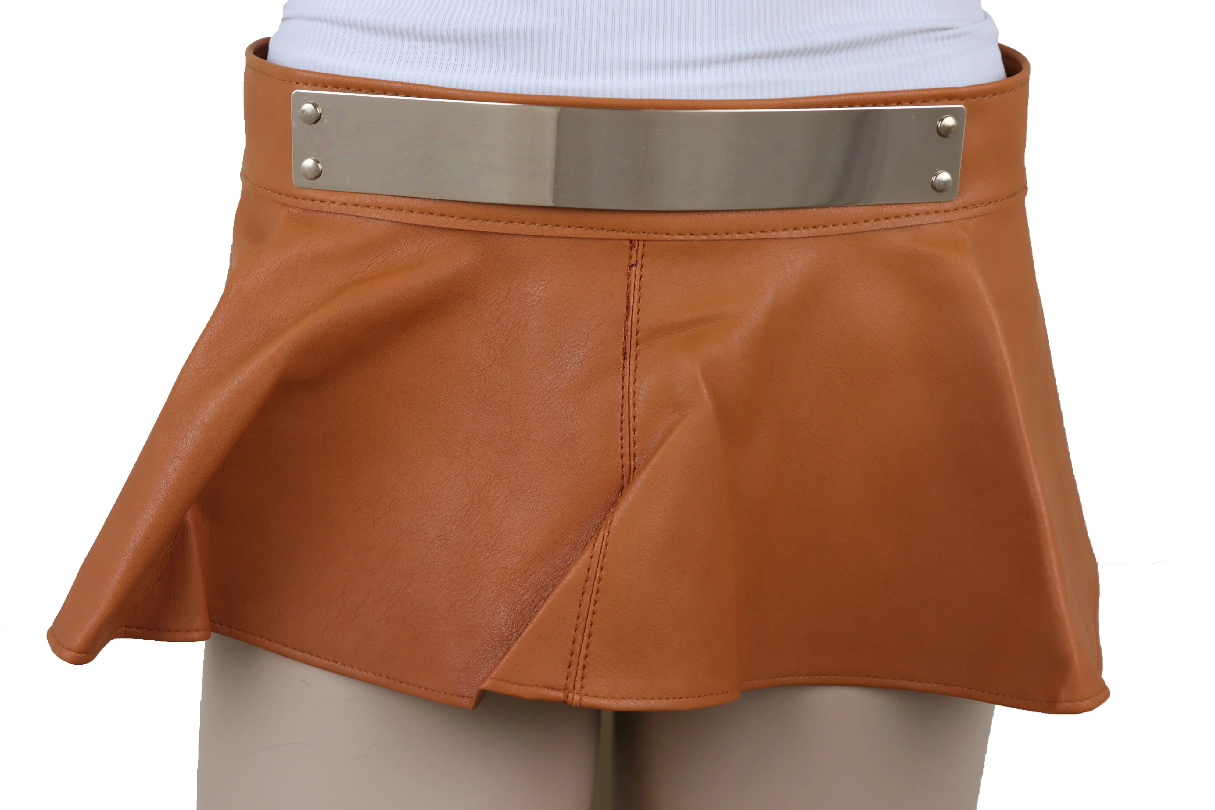Beige Faux Leather Waistband Wrap Around Skirt Tie Belt Gold Metal Plate Size S M
