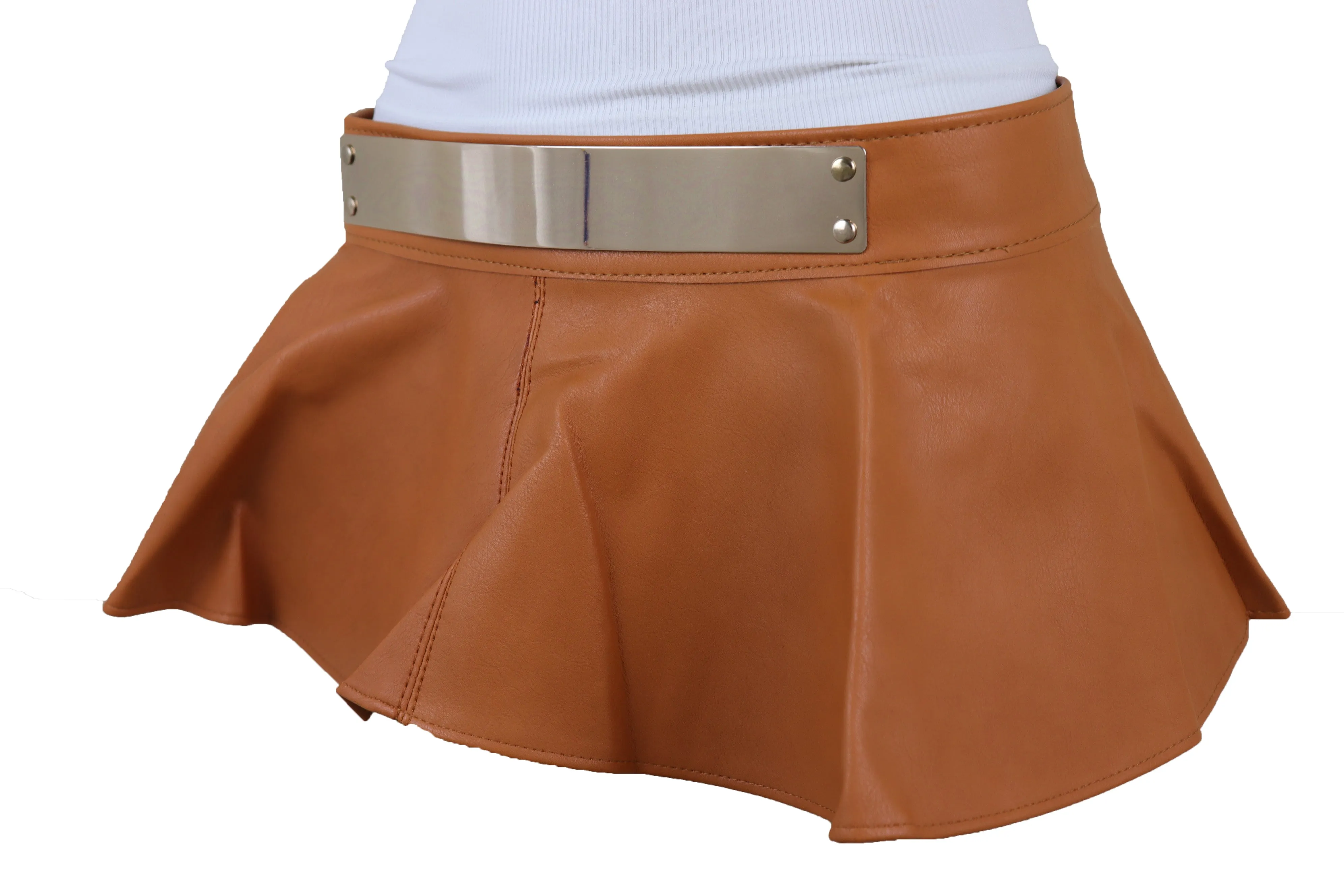 Beige Faux Leather Waistband Wrap Around Skirt Tie Belt Gold Metal Plate Size S M