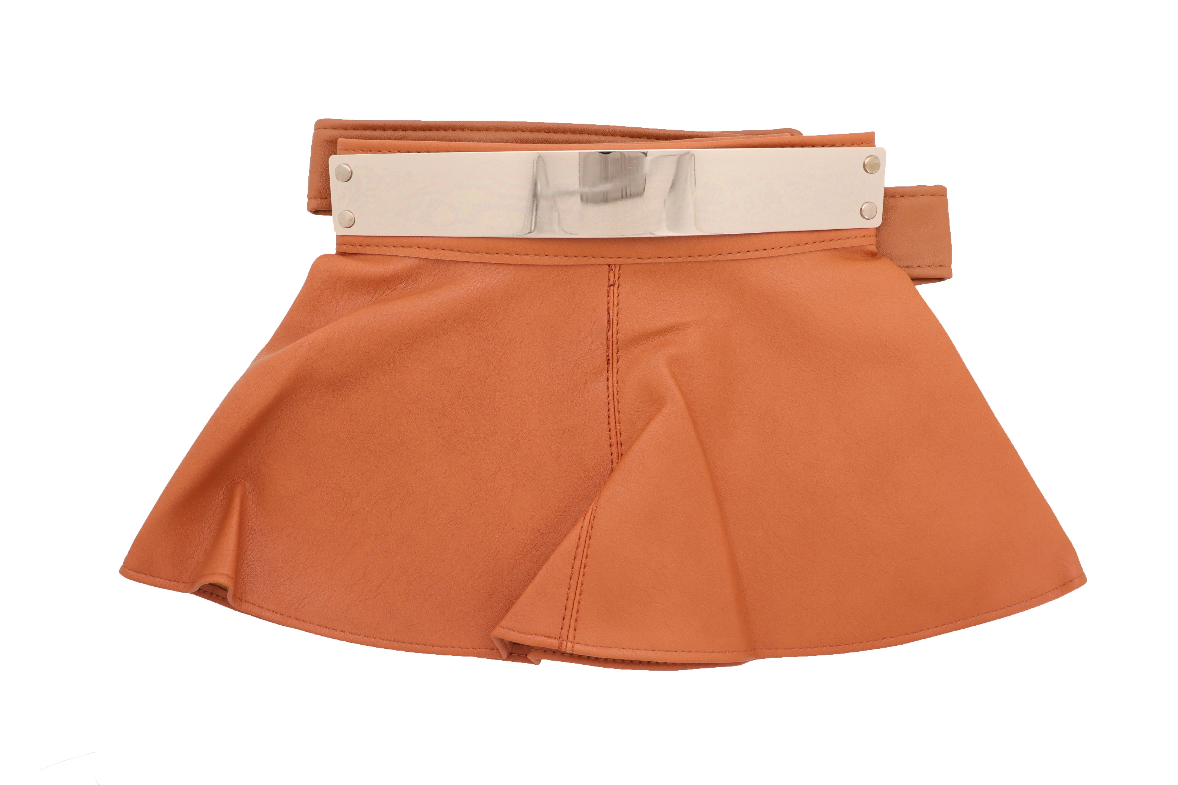 Beige Faux Leather Waistband Wrap Around Skirt Tie Belt Gold Metal Plate Size S M
