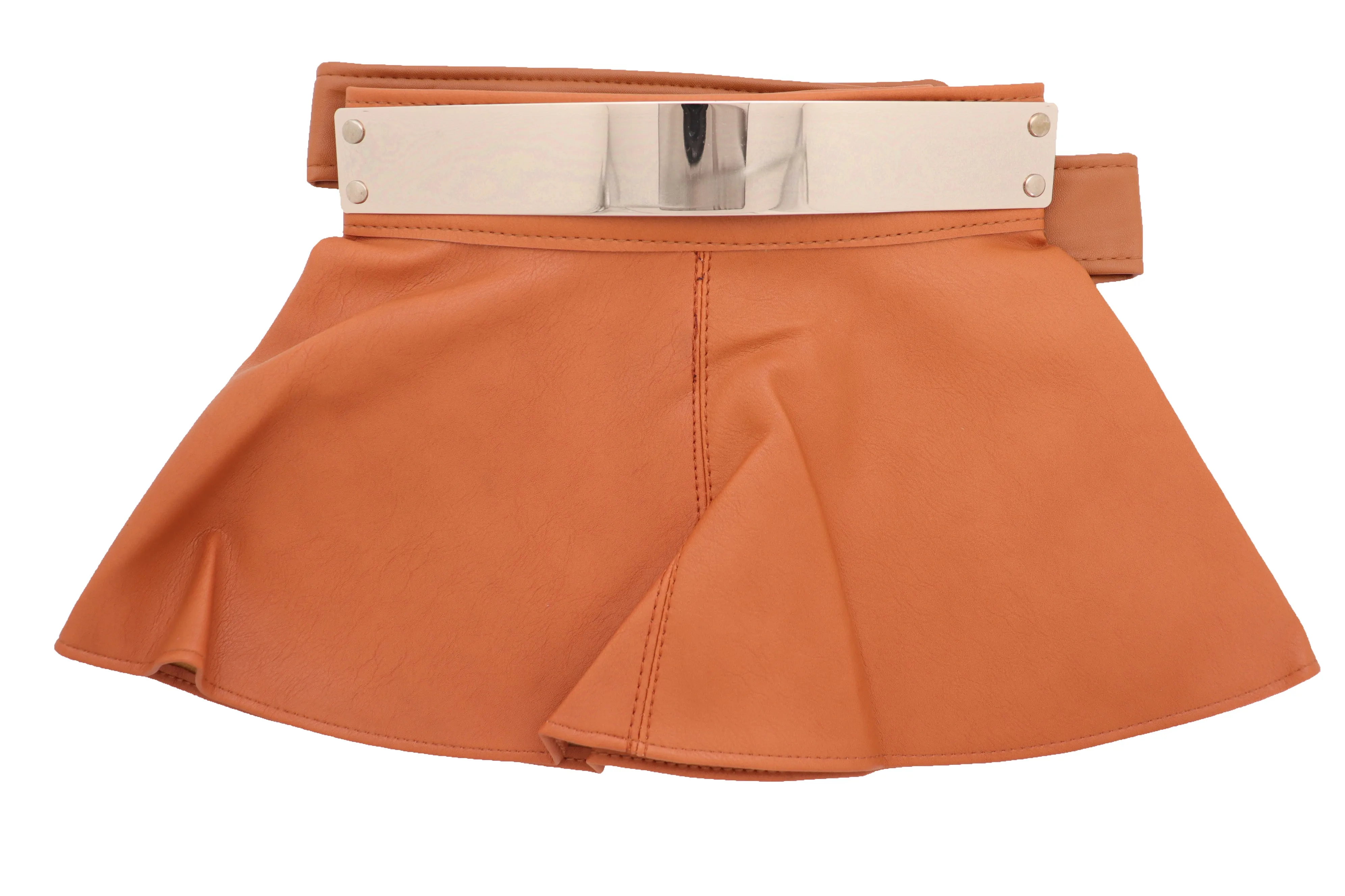 Beige Faux Leather Waistband Wrap Around Skirt Tie Belt Gold Metal Plate Size S M