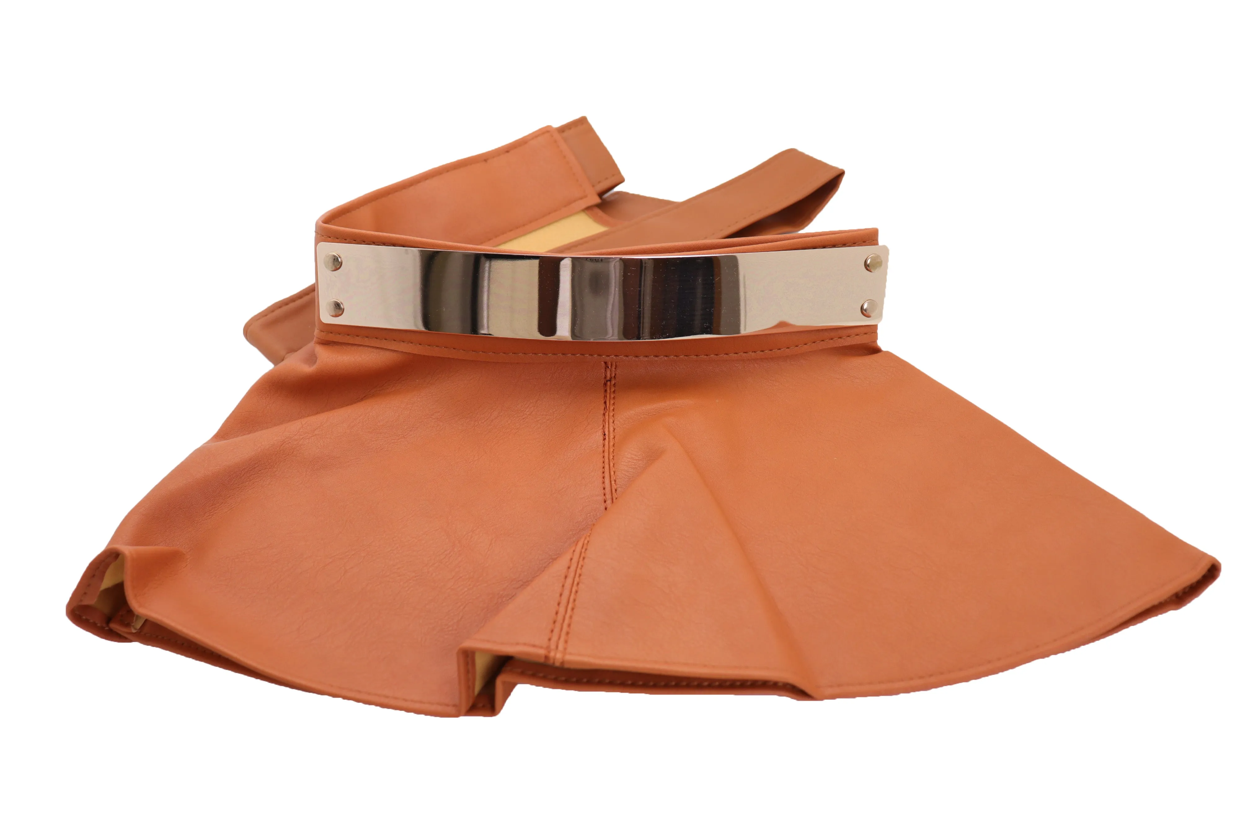 Beige Faux Leather Waistband Wrap Around Skirt Tie Belt Gold Metal Plate Size S M
