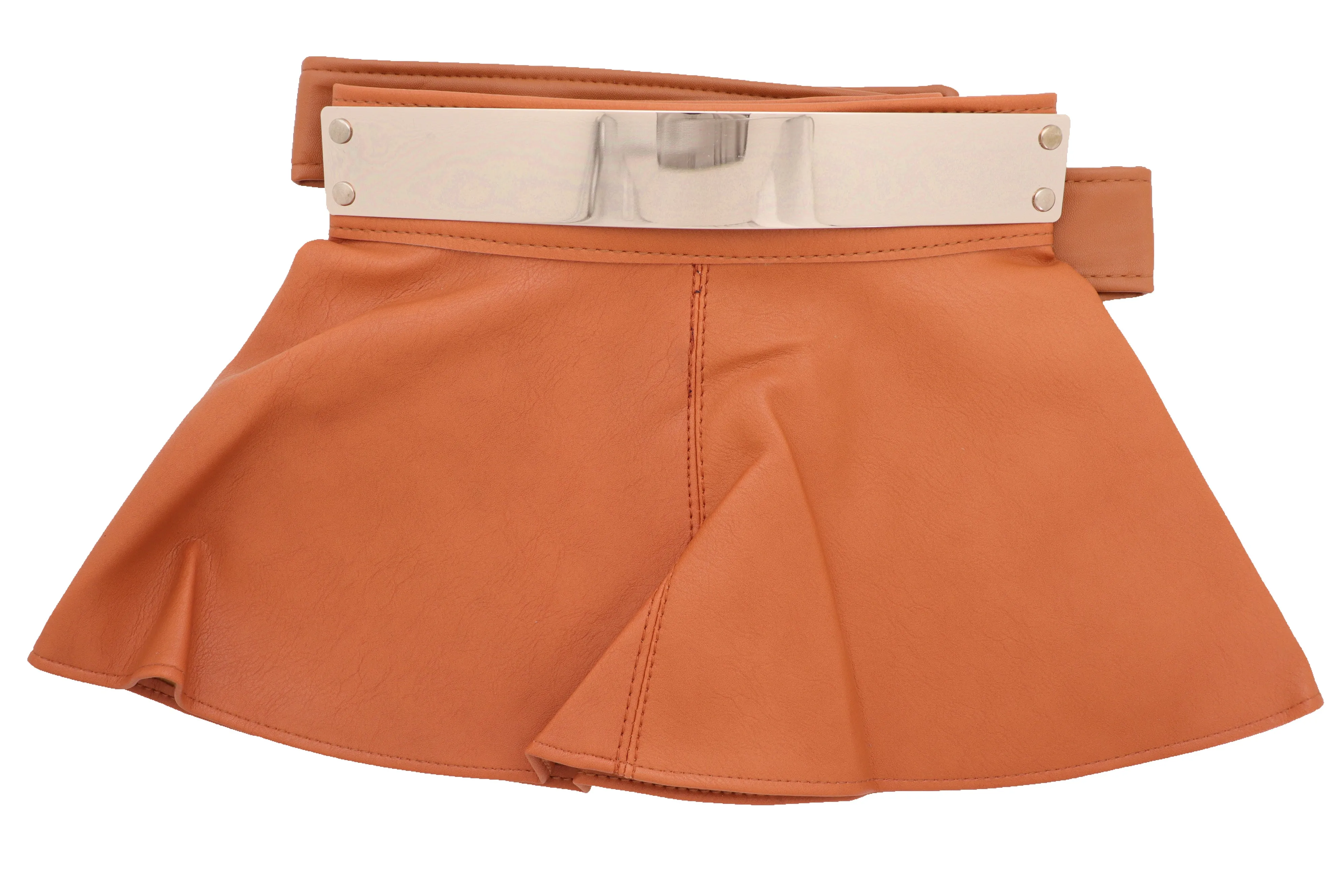 Beige Faux Leather Waistband Wrap Around Skirt Tie Belt Gold Metal Plate Size S M