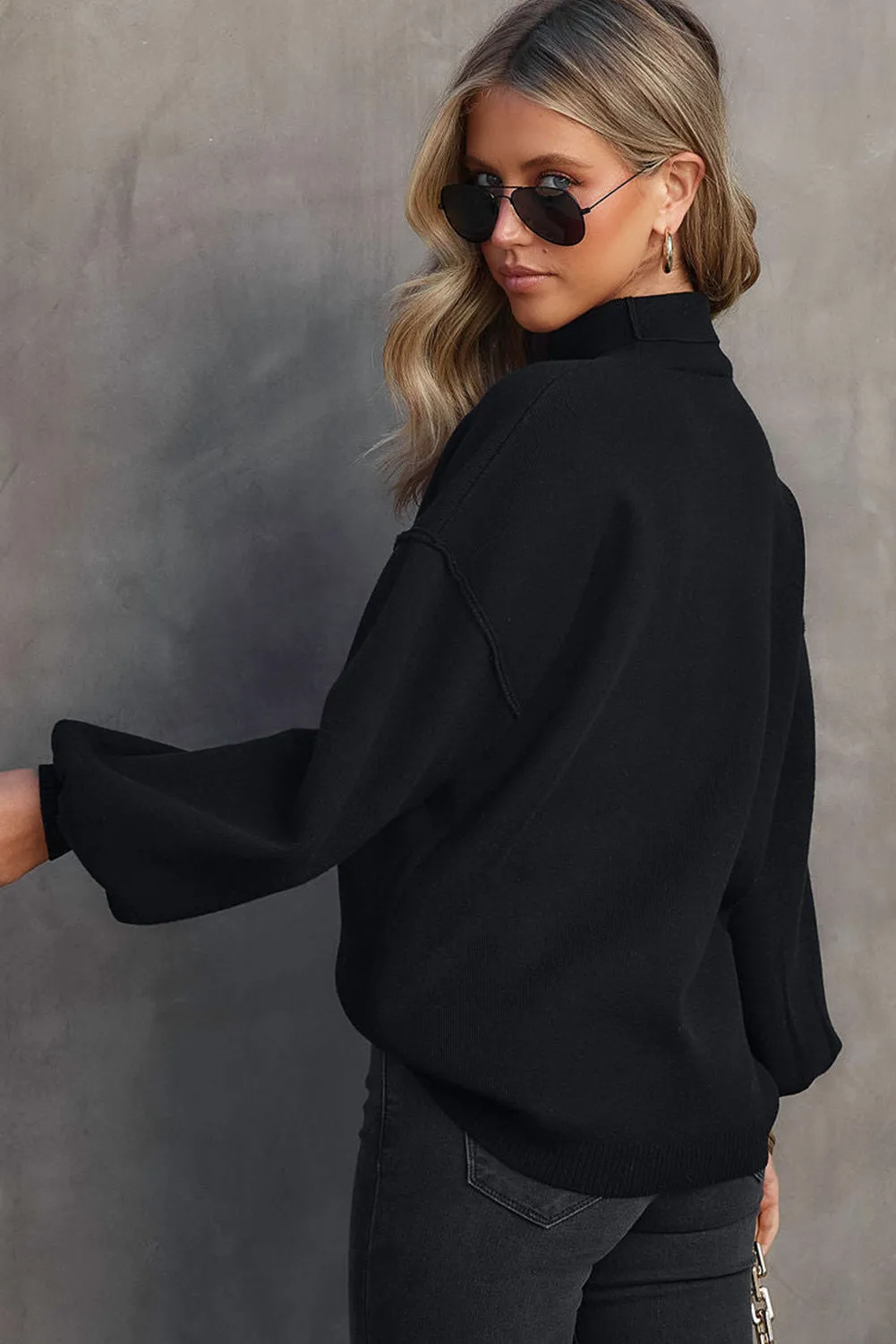 BerryBetty - Black Turtleneck Drop Shoulder Bubble Sleeve Knit Sweater
