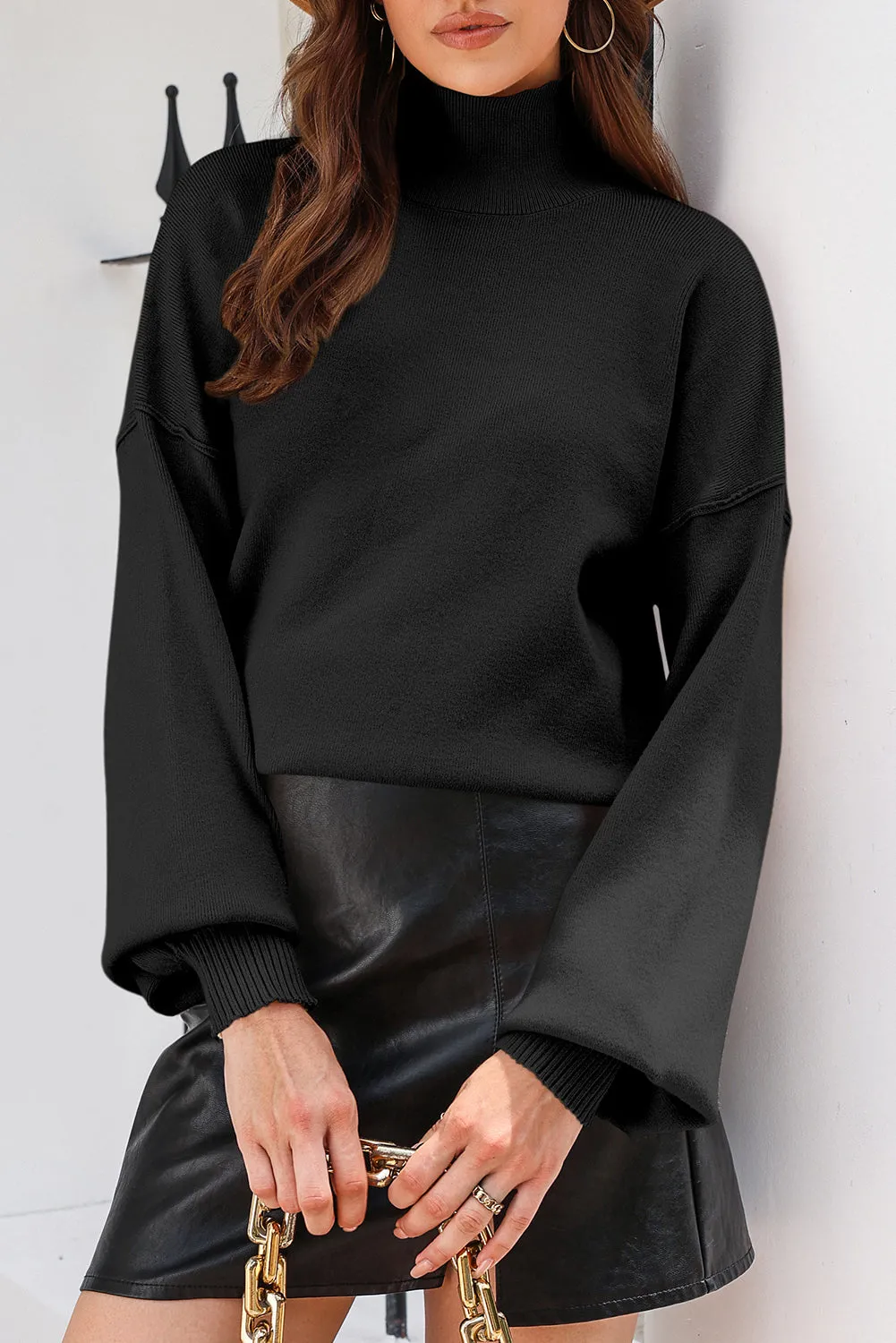 BerryBetty - Black Turtleneck Drop Shoulder Bubble Sleeve Knit Sweater