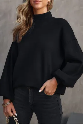 BerryBetty - Black Turtleneck Drop Shoulder Bubble Sleeve Knit Sweater