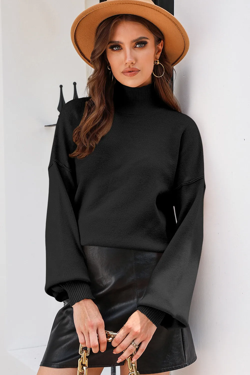 BerryBetty - Black Turtleneck Drop Shoulder Bubble Sleeve Knit Sweater