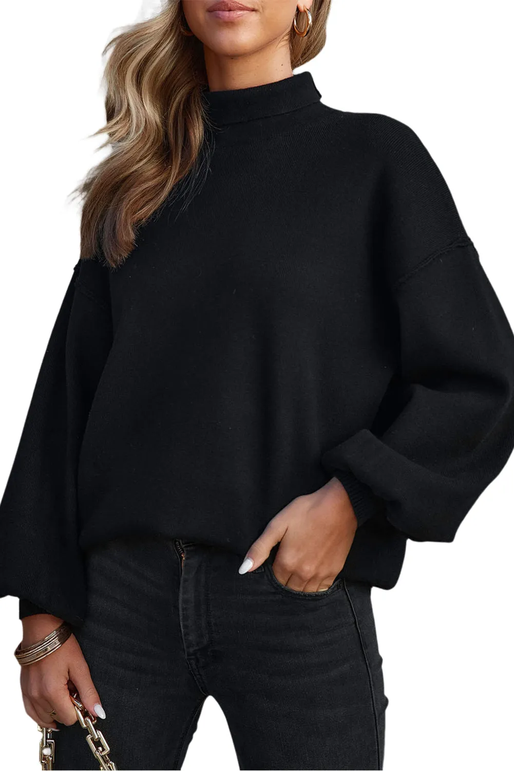 BerryBetty - Black Turtleneck Drop Shoulder Bubble Sleeve Knit Sweater