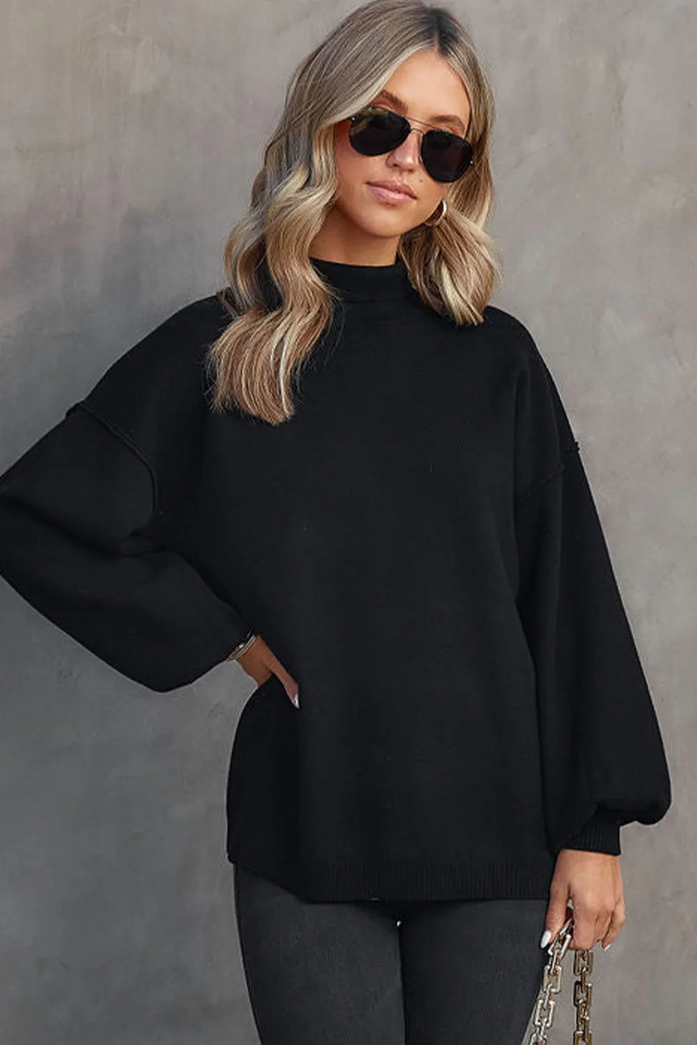 BerryBetty - Black Turtleneck Drop Shoulder Bubble Sleeve Knit Sweater