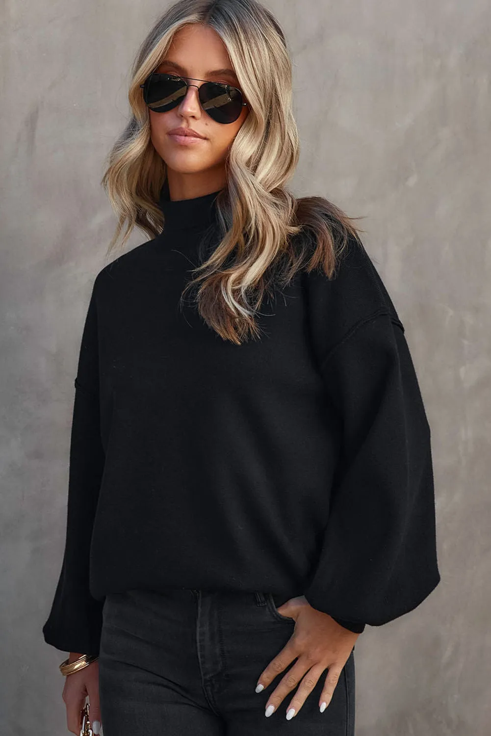 BerryBetty - Black Turtleneck Drop Shoulder Bubble Sleeve Knit Sweater