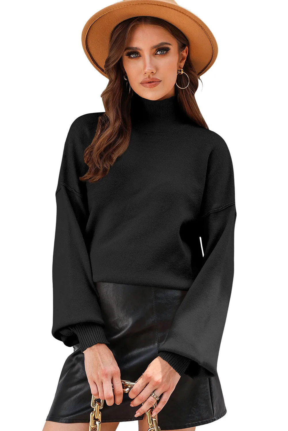BerryBetty - Black Turtleneck Drop Shoulder Bubble Sleeve Knit Sweater