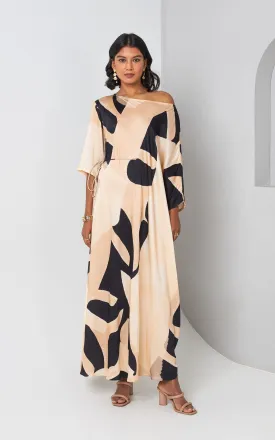 Black and Beige Printed Drop Shoulder Drape