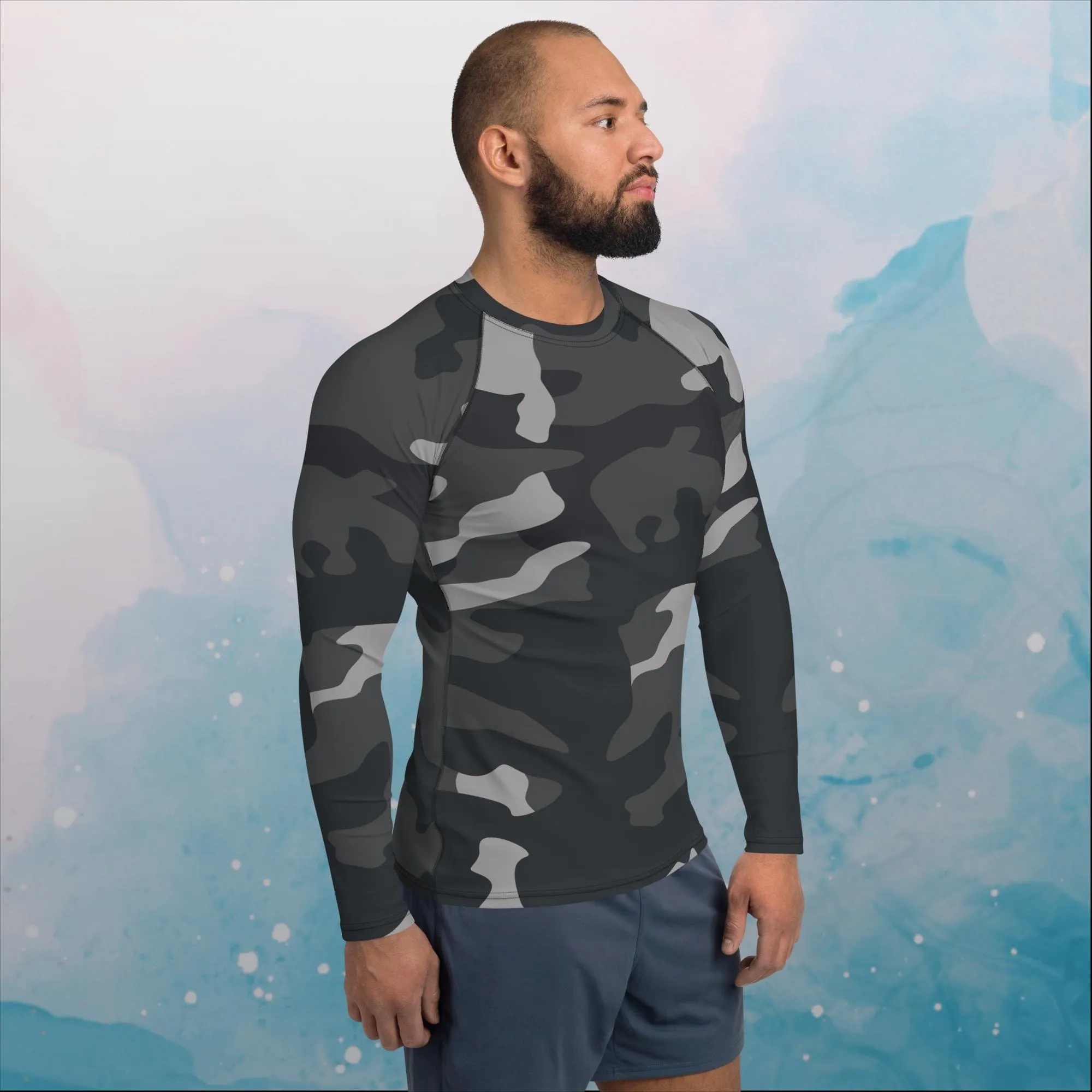 Black and Grey Camo Print Mens Rash Guard