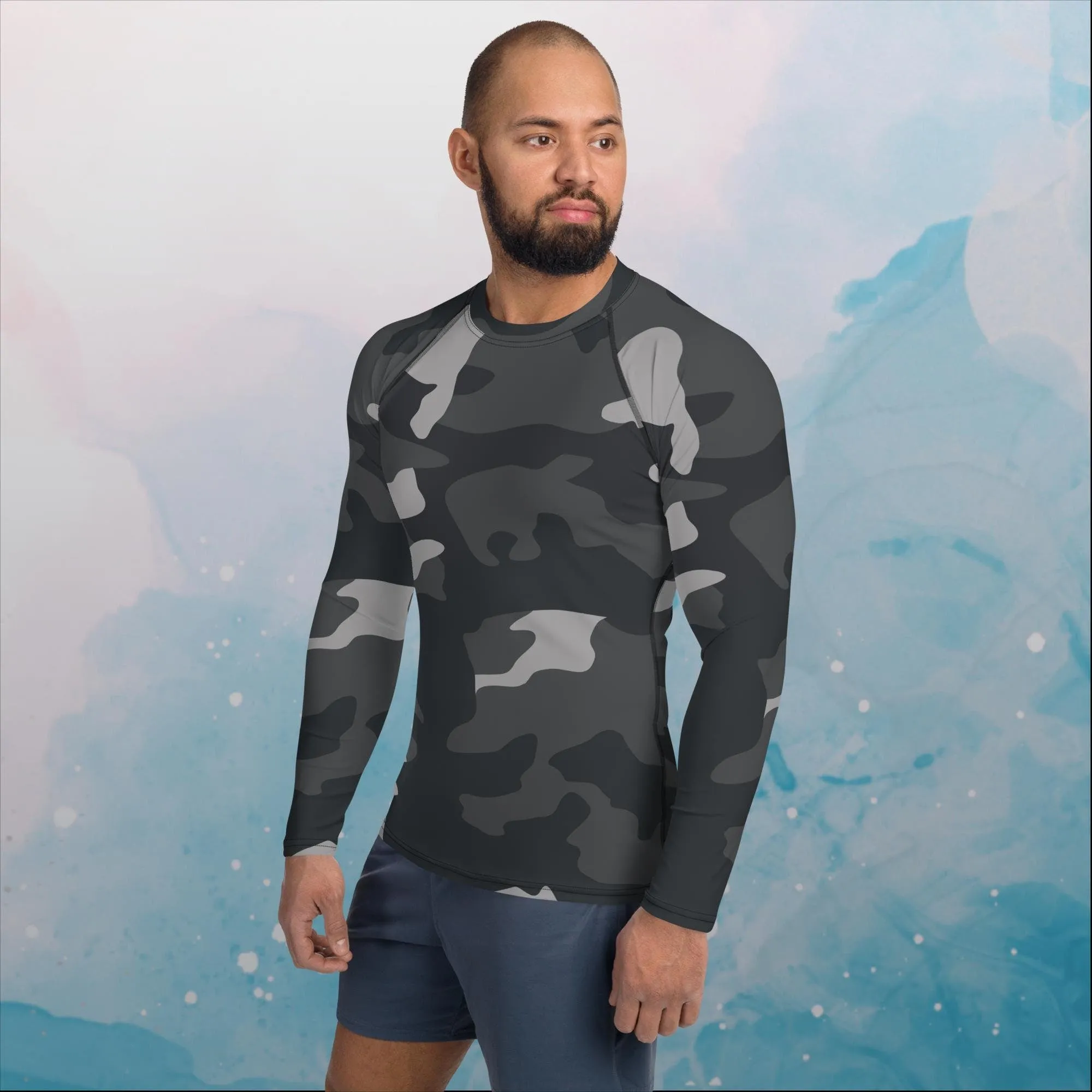 Black and Grey Camo Print Mens Rash Guard