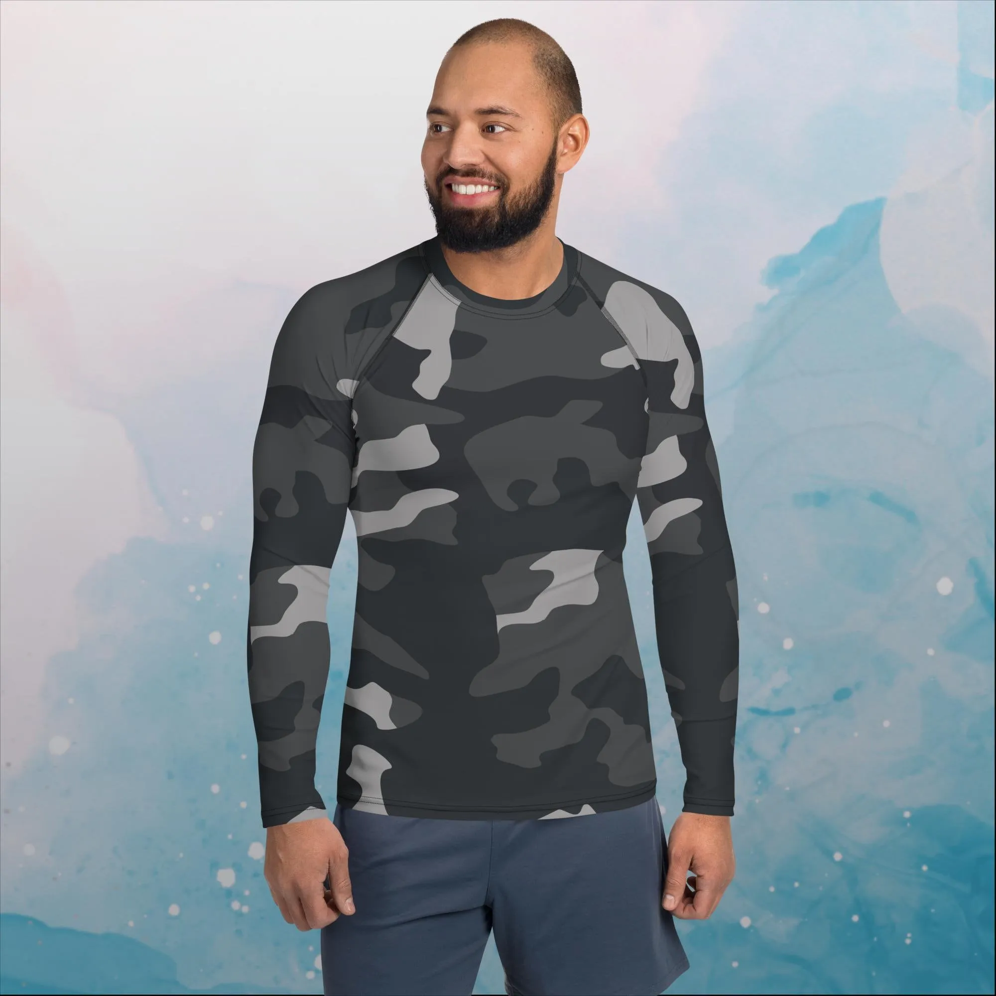Black and Grey Camo Print Mens Rash Guard