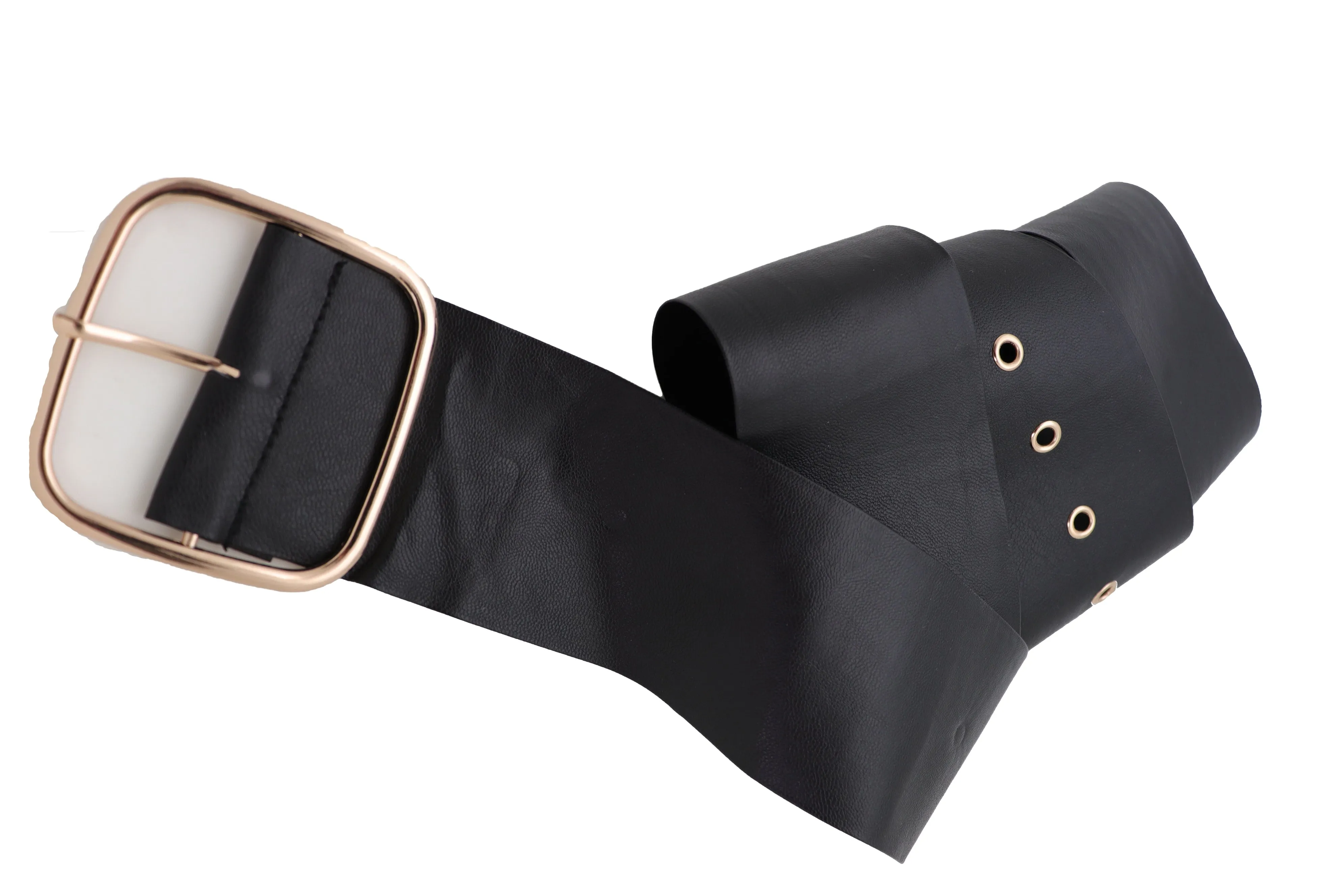 Black Extra Long Fabric Wide Waistband Fashion Belt Gold Metal Buckle XS S