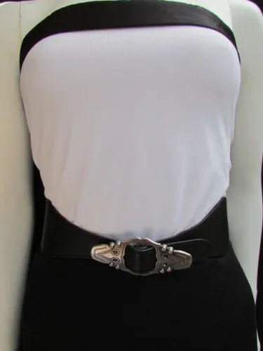 Black Faux Leather Elastic Waist Hip Belt Silver Moroccan Buckle S M