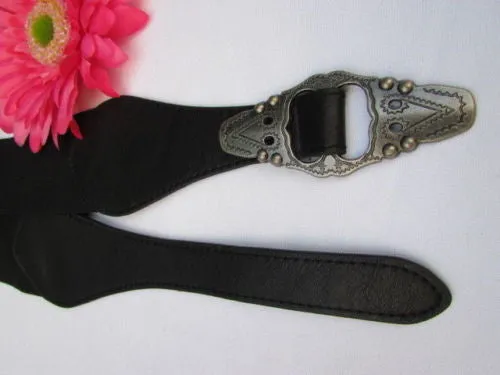 Black Faux Leather Elastic Waist Hip Belt Silver Moroccan Buckle S M