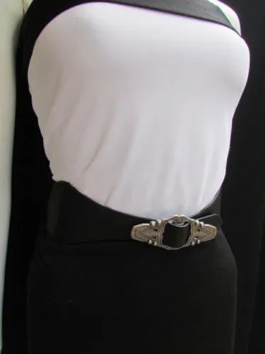 Black Faux Leather Elastic Waist Hip Belt Silver Moroccan Buckle S M