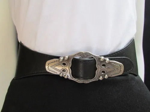 Black Faux Leather Elastic Waist Hip Belt Silver Moroccan Buckle S M