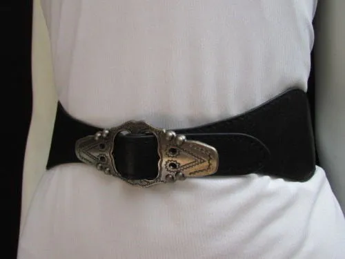 Black Faux Leather Elastic Waist Hip Belt Silver Moroccan Buckle S M