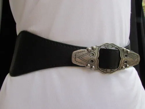 Black Faux Leather Elastic Waist Hip Belt Silver Moroccan Buckle S M