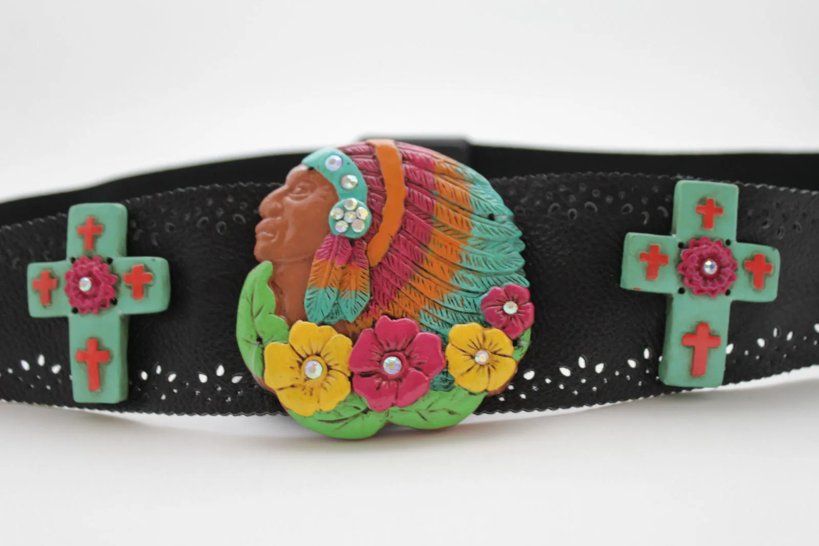Black Faux Leather Stretch Turquoise Cross Flowers Indian Western Belt S-M