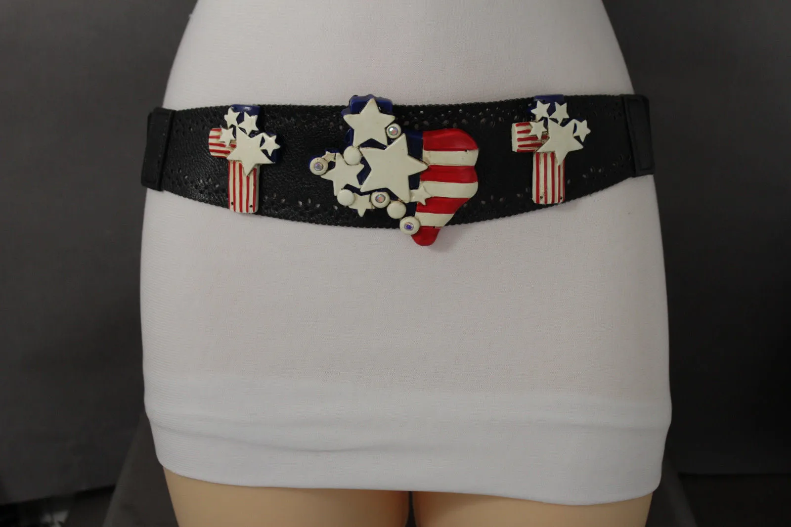 Black Leather Stretch Western Belt Cross State USA Flag S M