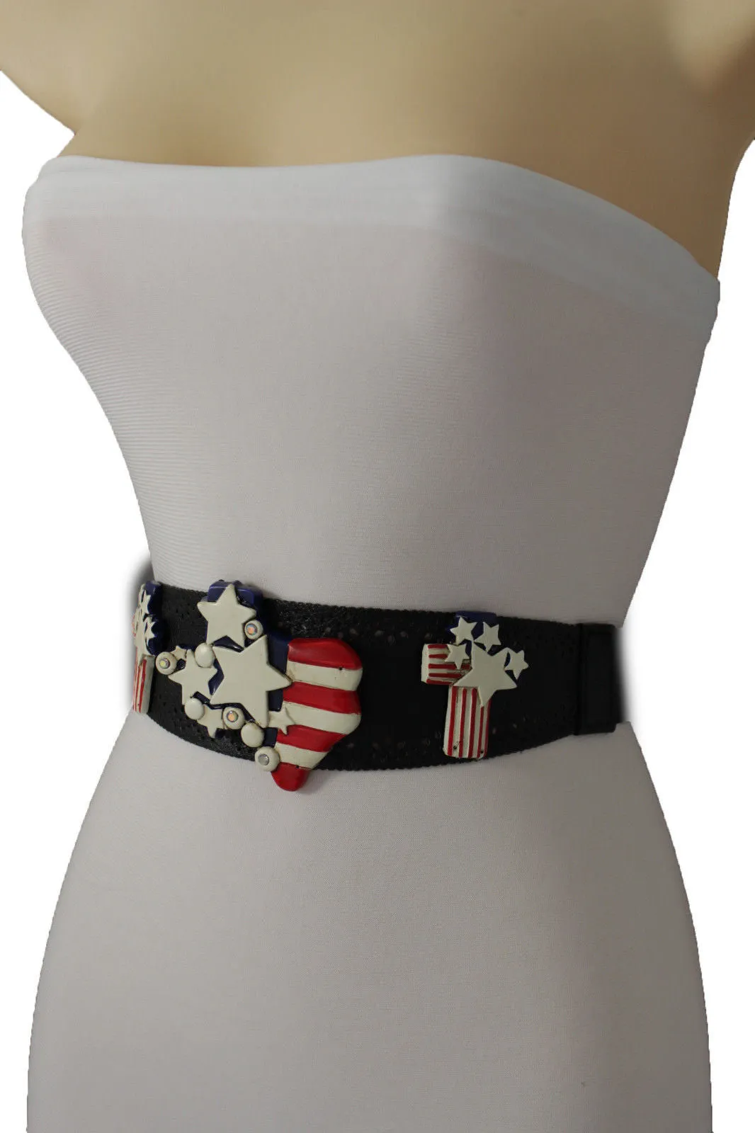 Black Leather Stretch Western Belt Cross State USA Flag S M